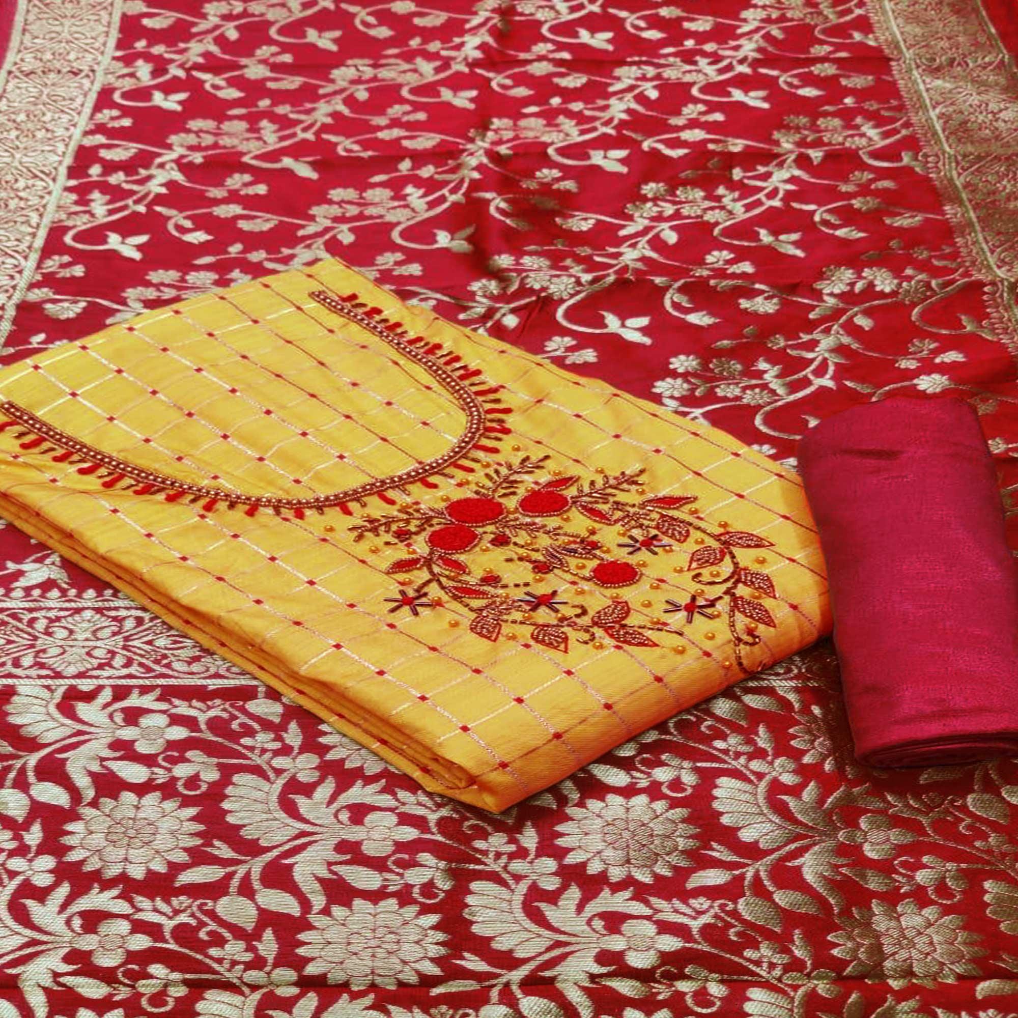 Yellow Casual Wear Floral Embroidered With Checks Banarasi Silk Dress Material - Peachmode