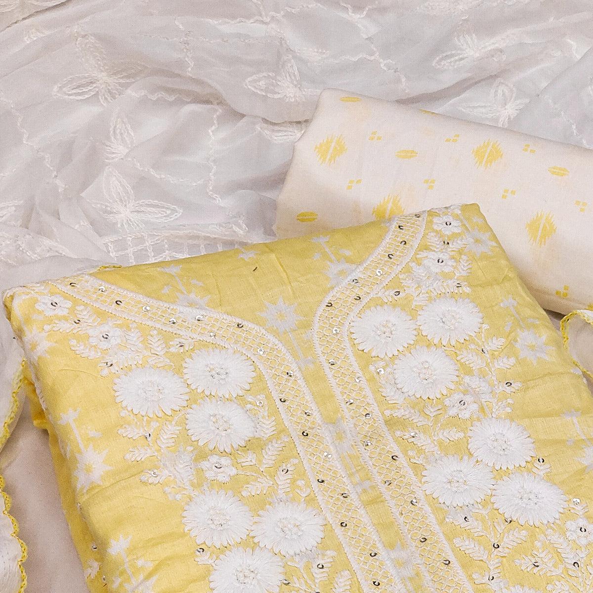Yellow Casual Wear Floral Embroidered With Print Cotton Dress Material - Peachmode