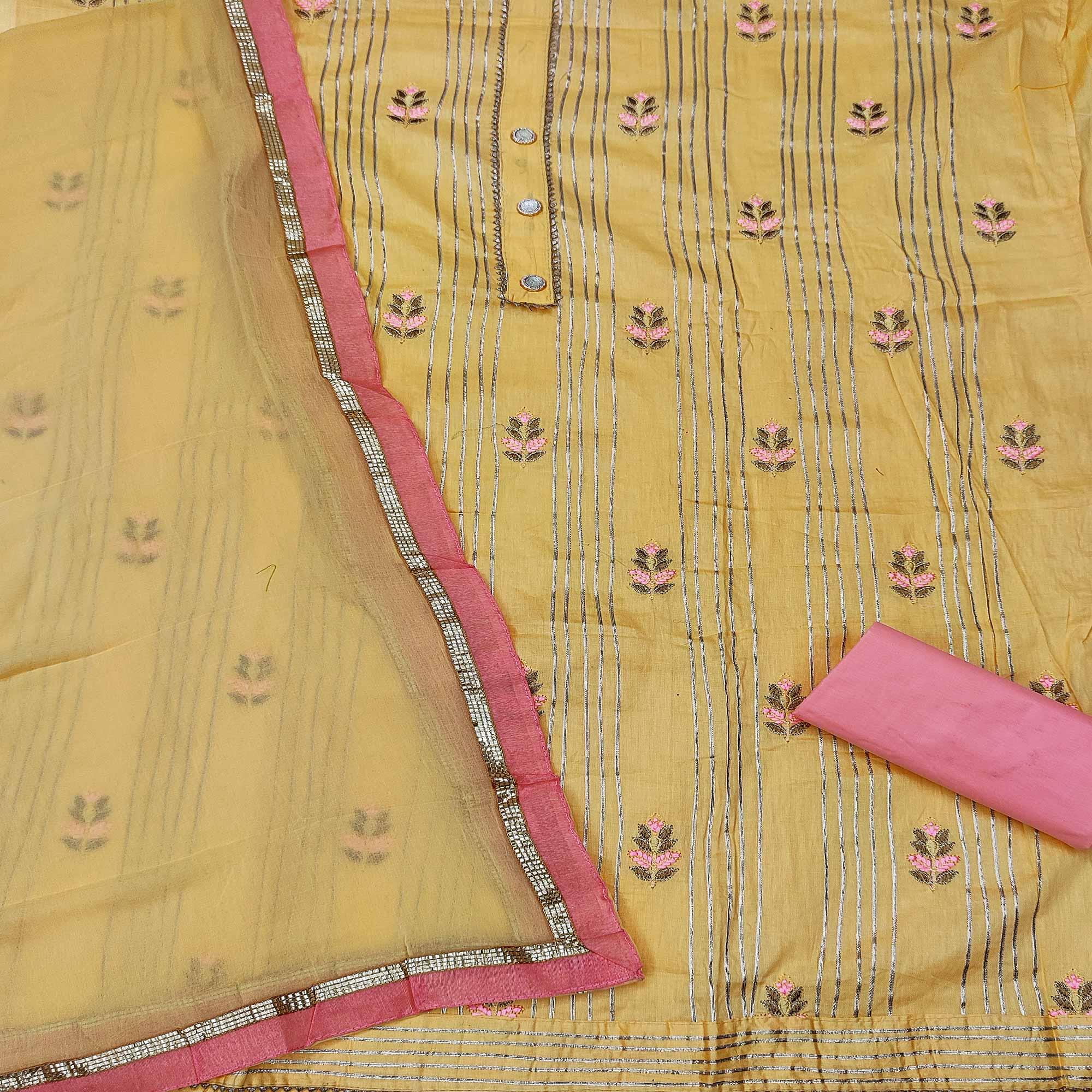Yellow Casual Wear Floral Embroidery With Hand Work Cotton Dress Material - Peachmode