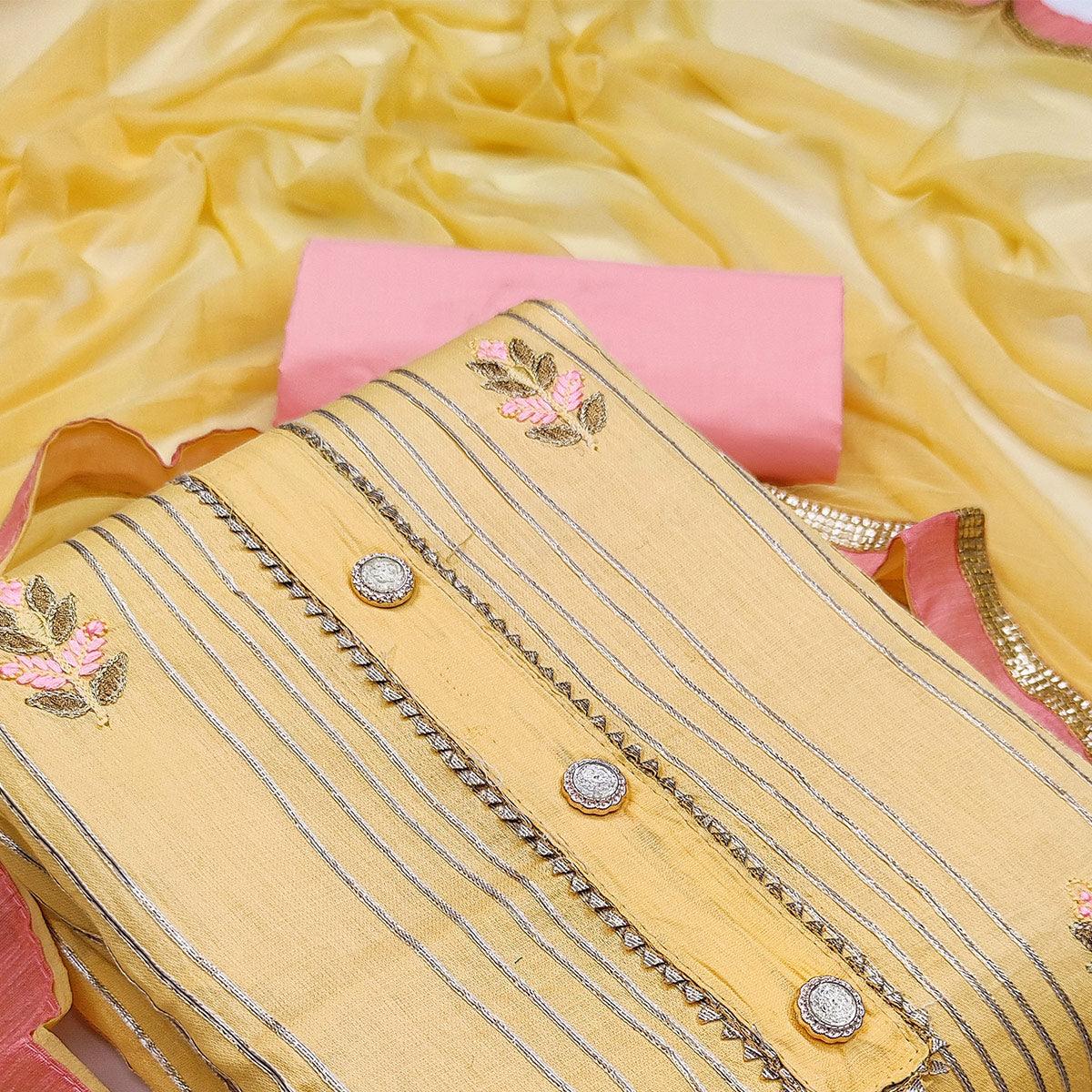 Yellow Casual Wear Floral Embroidery With Hand Work Cotton Dress Material - Peachmode