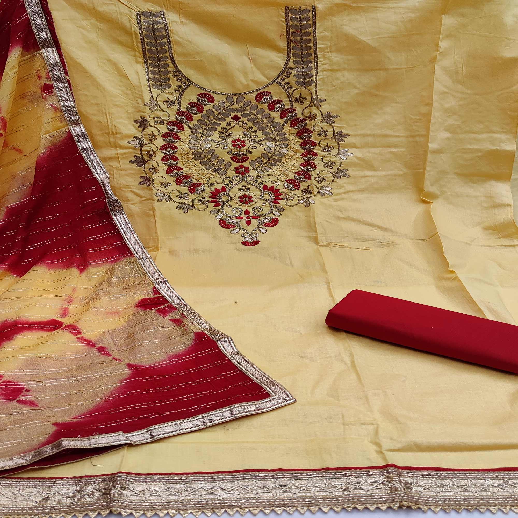 Yellow Casual Wear Floral Embroidery With Hand Work Cotton Dress Material - Peachmode