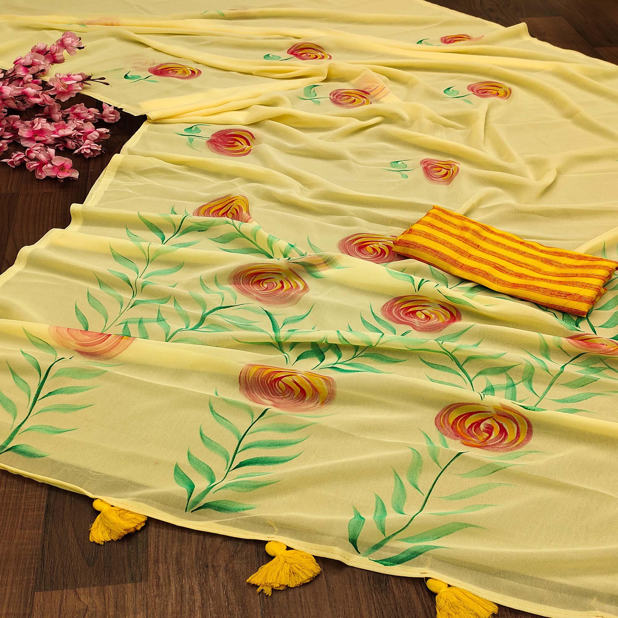 Yellow Casual Wear Floral Hand Printed Georgette Saree - Peachmode