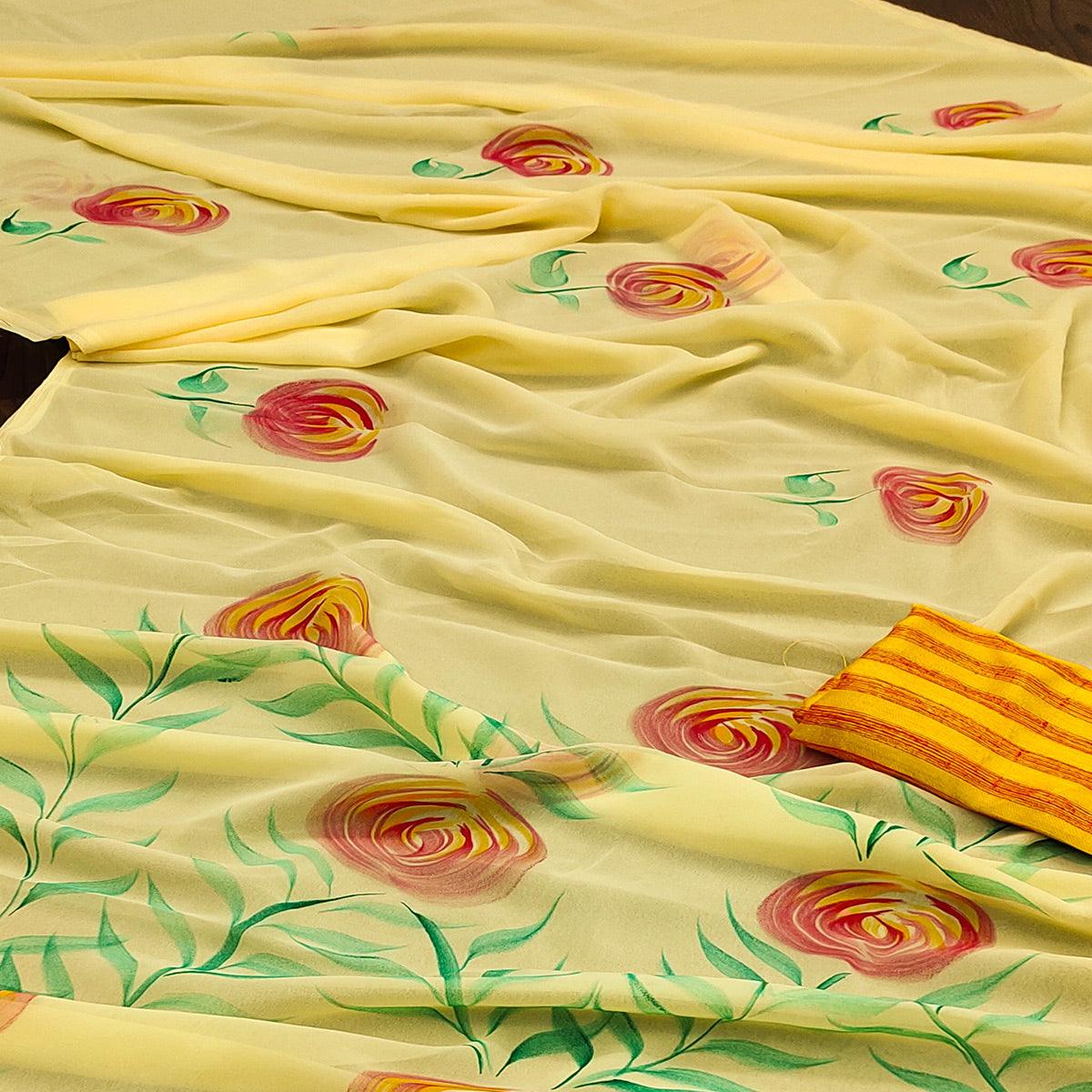 Yellow Casual Wear Floral Hand Printed Georgette Saree - Peachmode