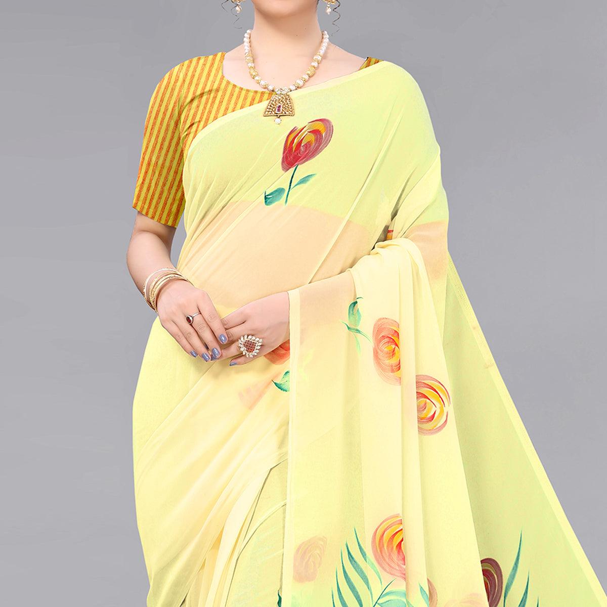 Yellow Casual Wear Floral Hand Printed Georgette Saree - Peachmode