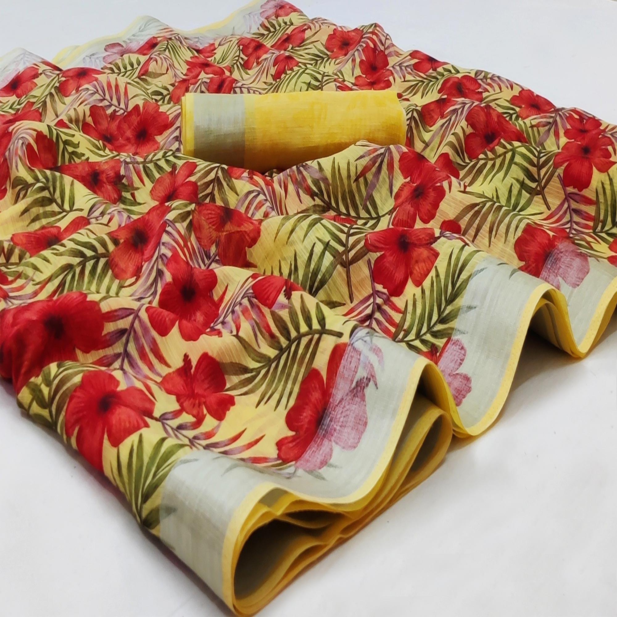 Yellow Casual Wear Floral Mill Printed Cotton Saree With Zari Border - Peachmode