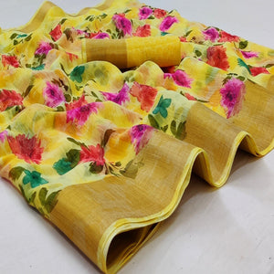 Yellow Casual Wear Floral Mill Printed Cotton Saree With Zari Border - Peachmode
