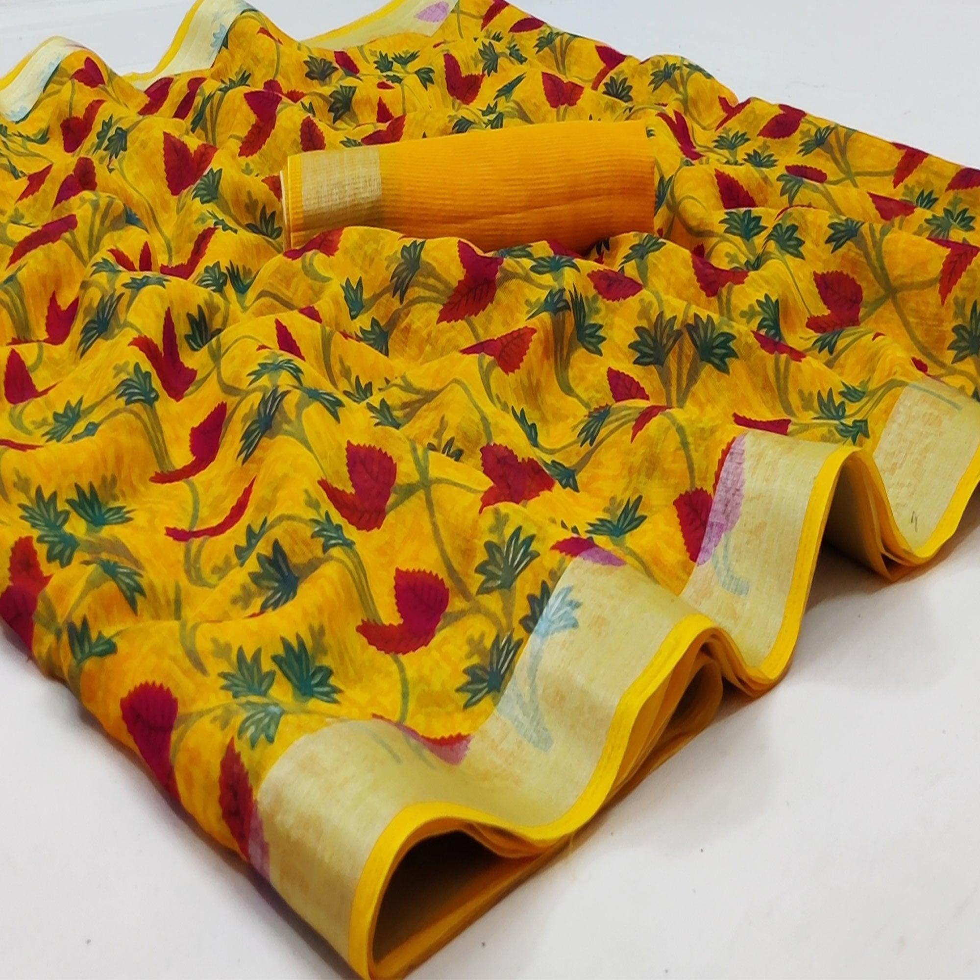 Yellow Casual Wear Floral Mill Printed Cotton Saree With Zari Border - Peachmode