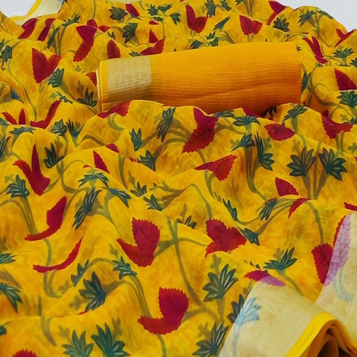 Yellow Casual Wear Floral Mill Printed Cotton Saree With Zari Border - Peachmode