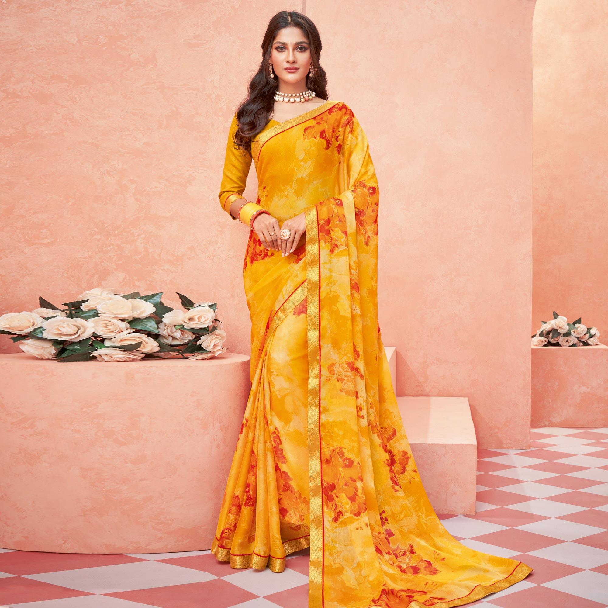 Yellow Casual Wear Floral Printed Chiffon-Banarsi Saree With Banarasi Border - Peachmode