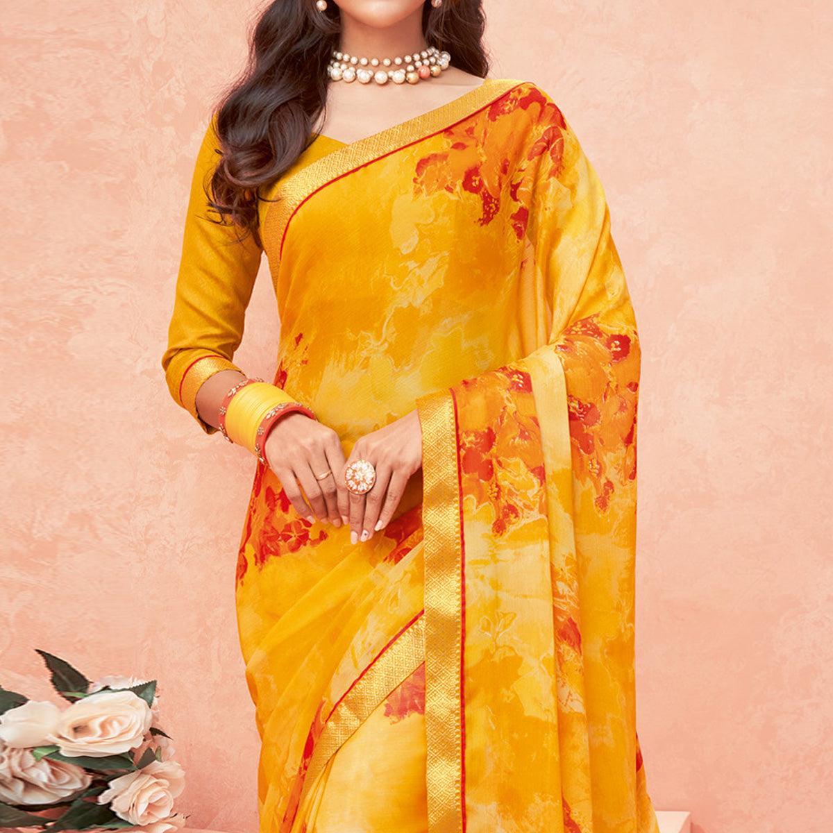 Yellow Casual Wear Floral Printed Chiffon-Banarsi Saree With Banarasi Border - Peachmode