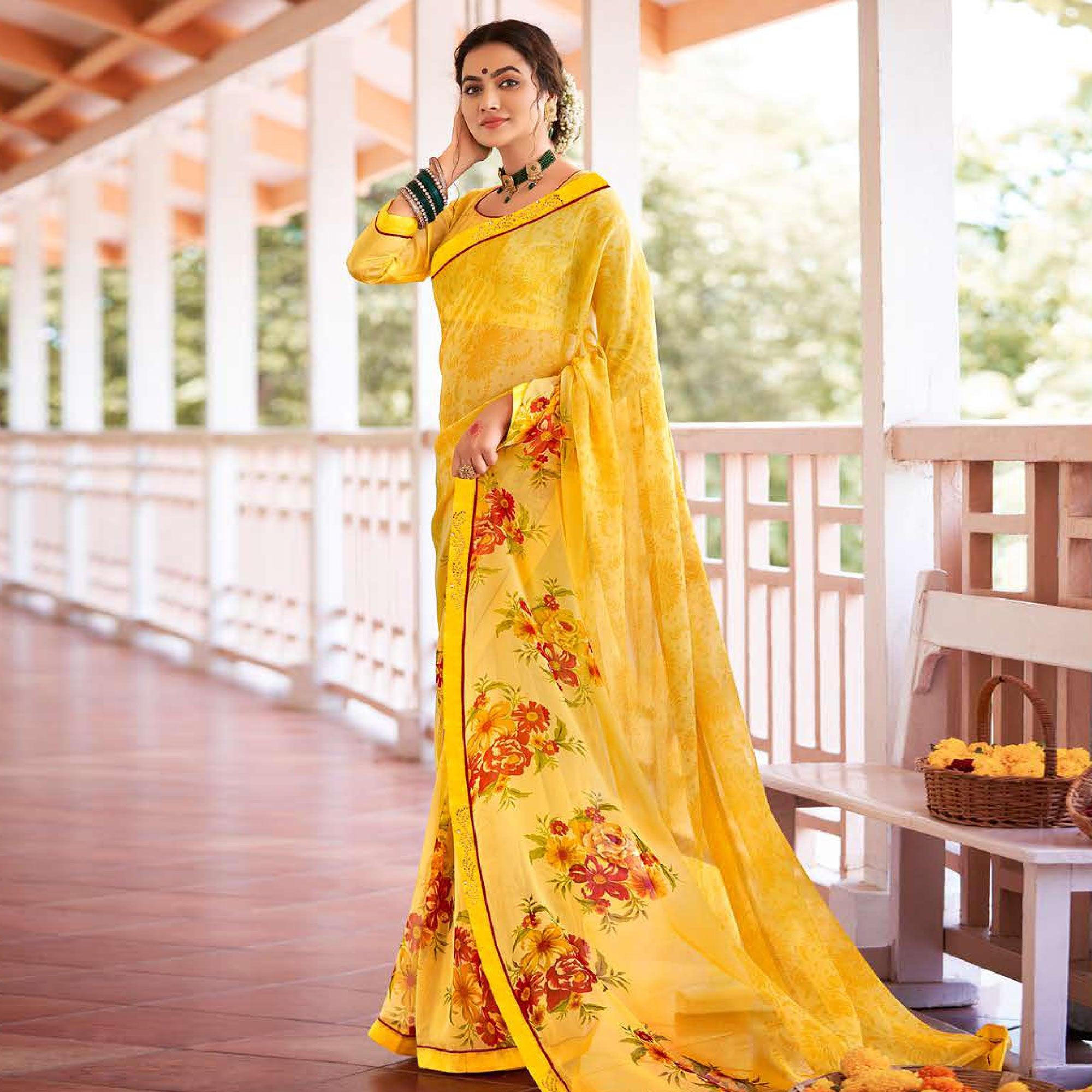 Yellow Casual Wear Floral Printed Chiffon Saree - Peachmode