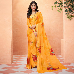 Yellow Casual Wear Floral Printed Chiffon Saree - Peachmode