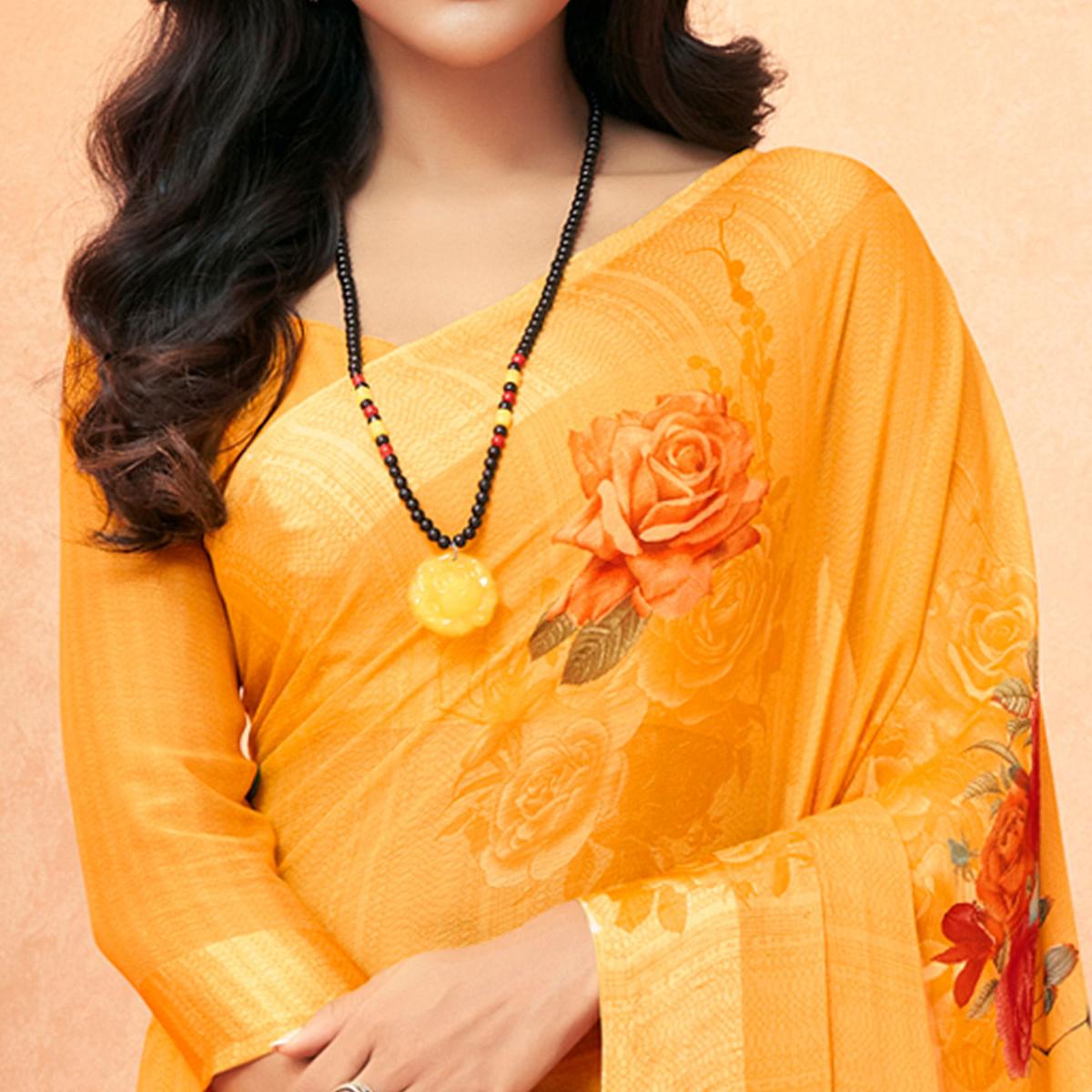 Yellow Casual Wear Floral Printed Chiffon Saree - Peachmode