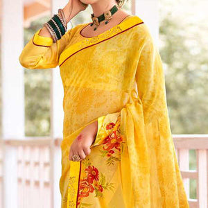 Yellow Casual Wear Floral Printed Chiffon Saree - Peachmode