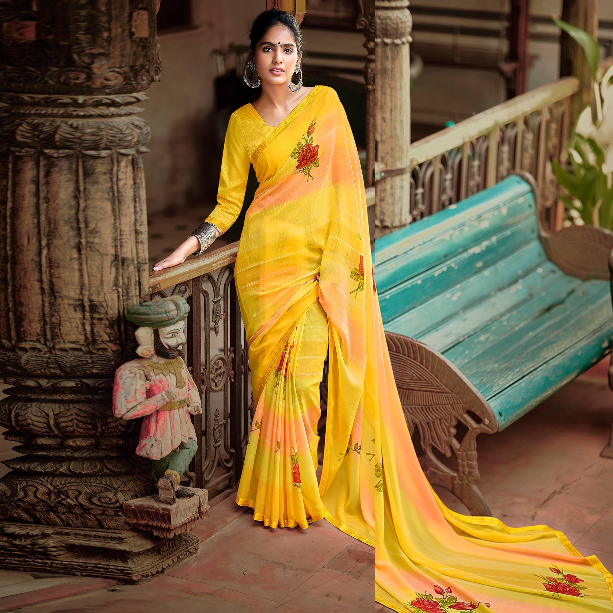 Yellow Casual Wear Floral Printed Chiffon Saree With Fancy Blouse - Peachmode