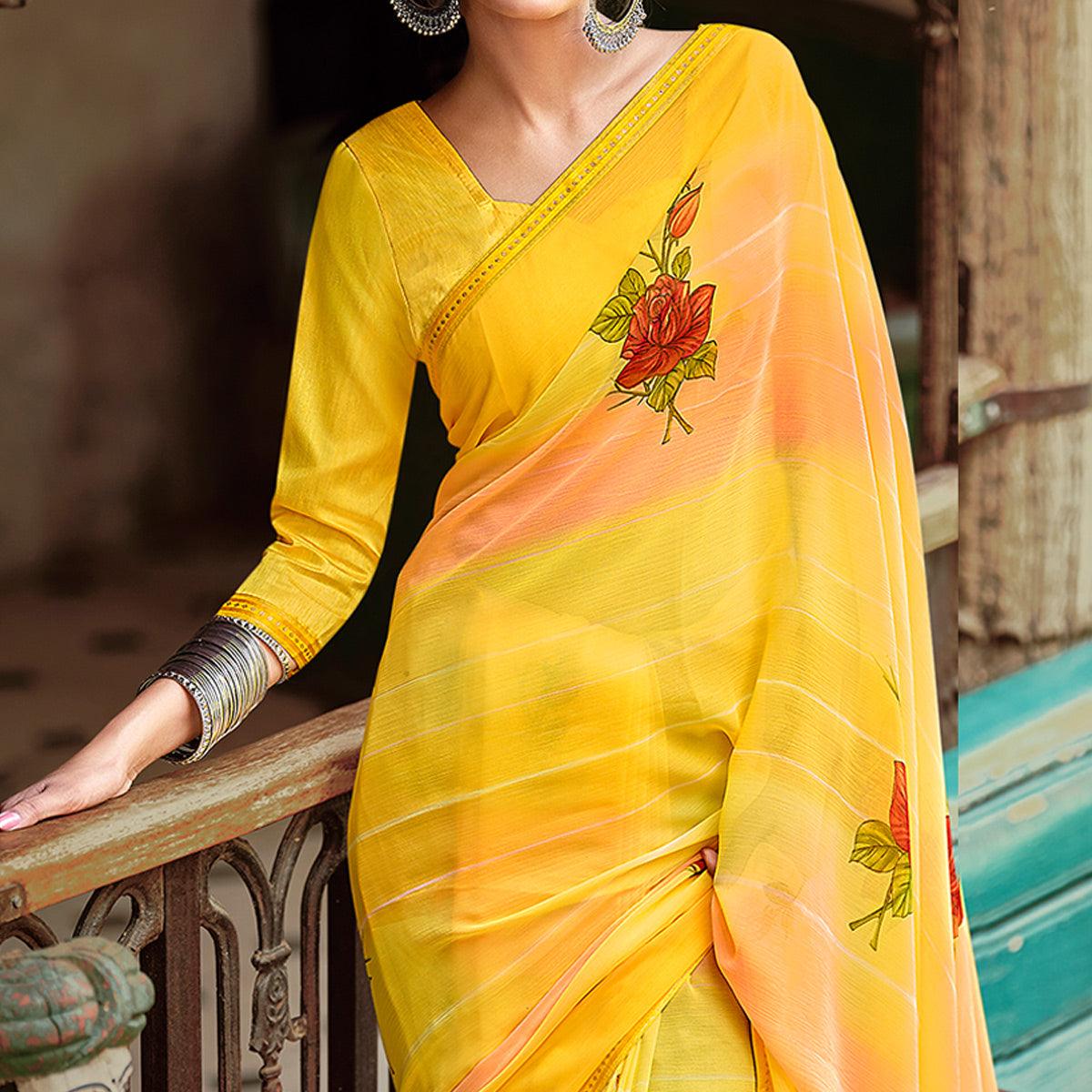 Yellow Casual Wear Floral Printed Chiffon Saree With Fancy Blouse - Peachmode