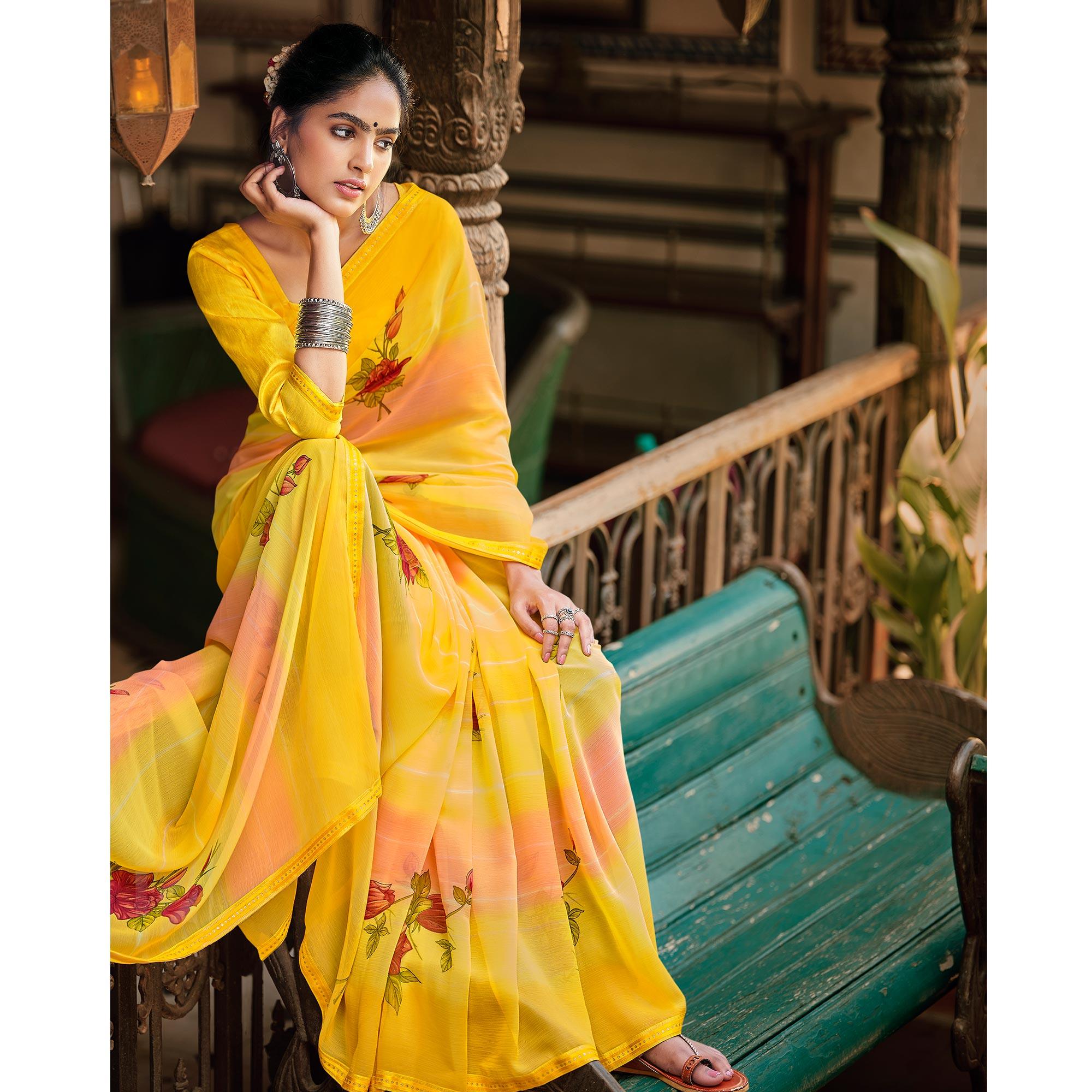 Yellow Casual Wear Floral Printed Chiffon Saree With Fancy Blouse - Peachmode