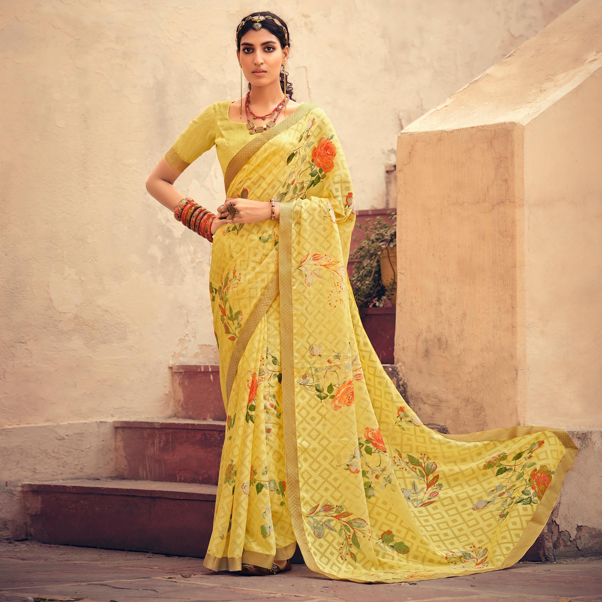 Yellow Casual Wear Floral Printed Chiffon Saree With Fancy Lace - Peachmode