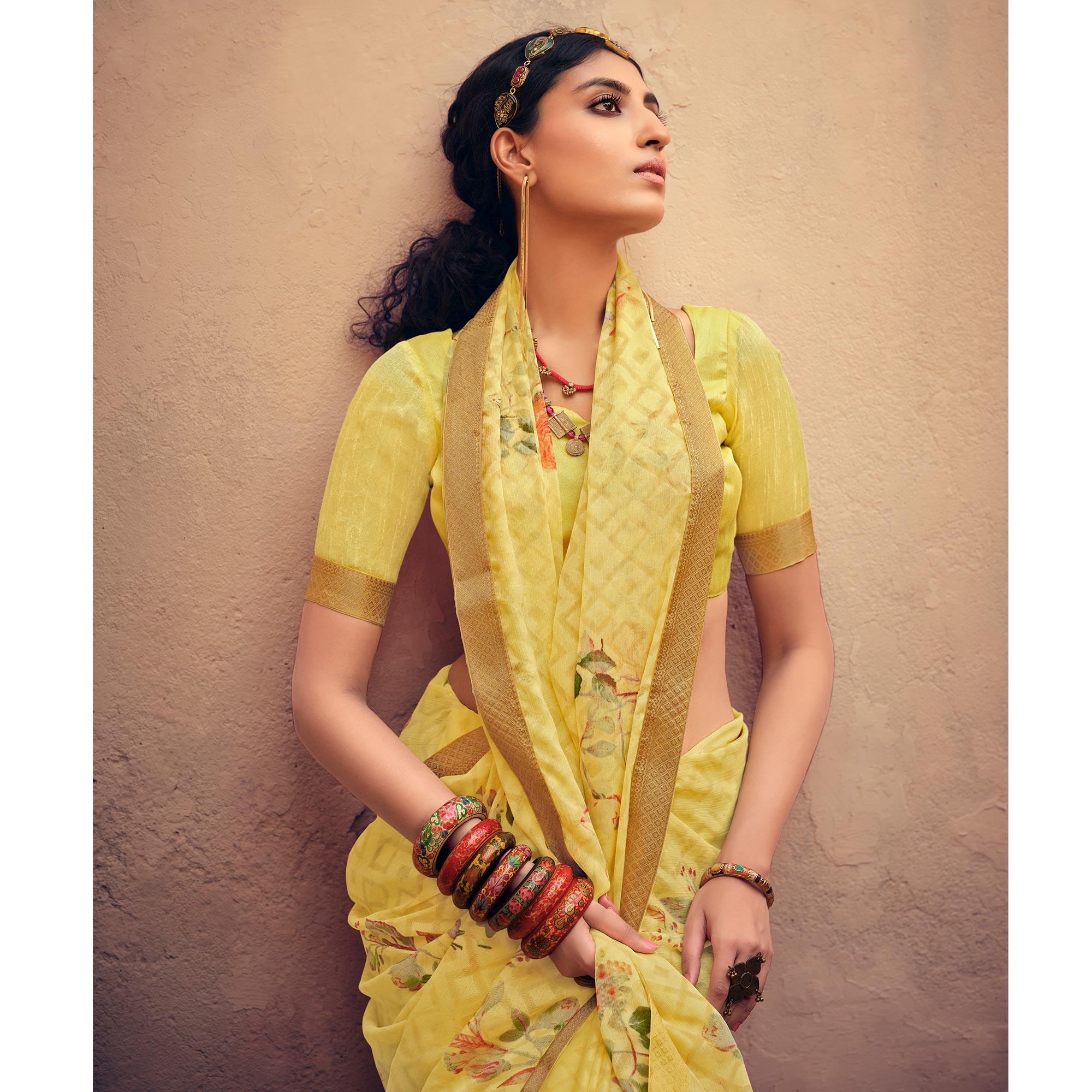 Yellow Casual Wear Floral Printed Chiffon Saree With Fancy Lace - Peachmode