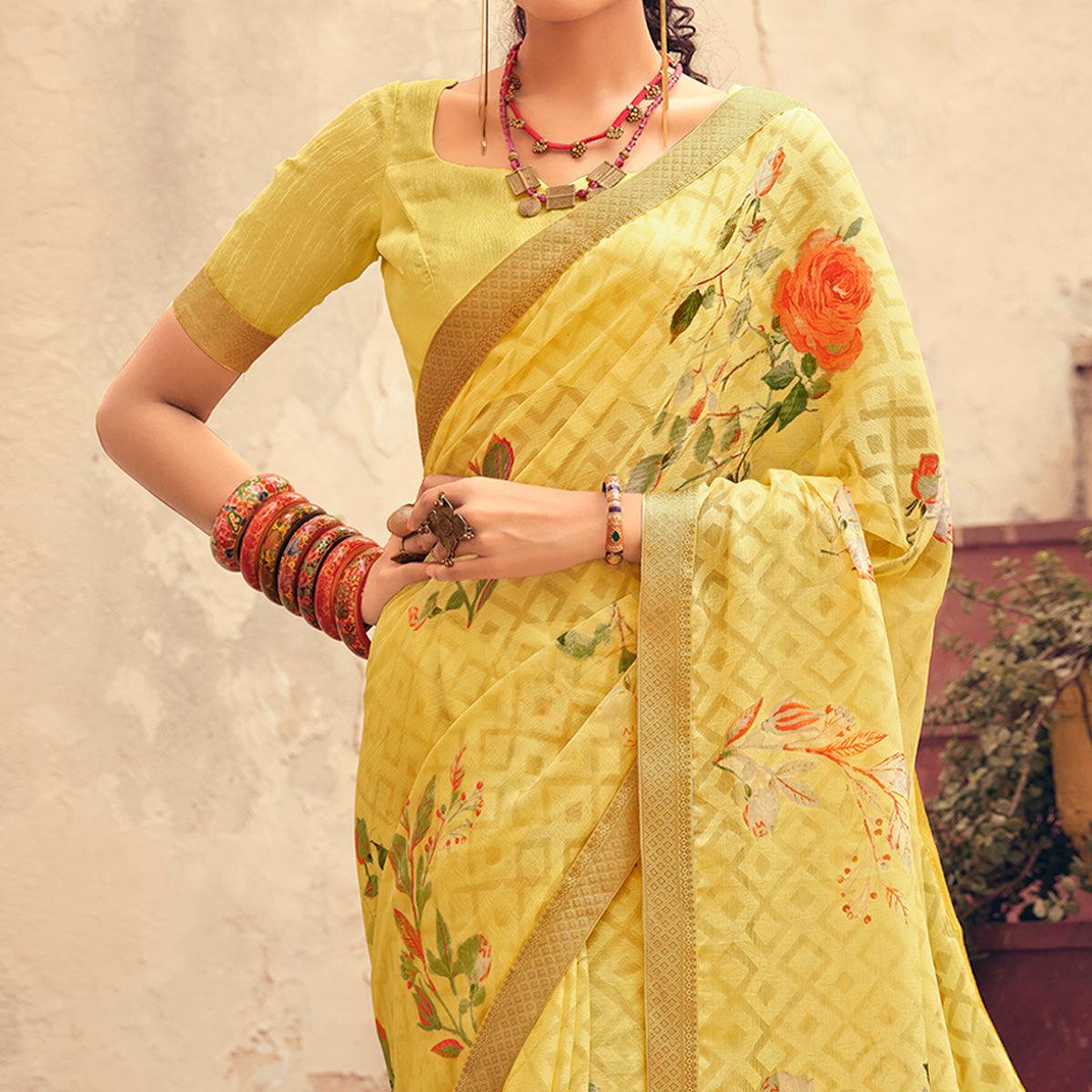 Yellow Casual Wear Floral Printed Chiffon Saree With Fancy Lace - Peachmode