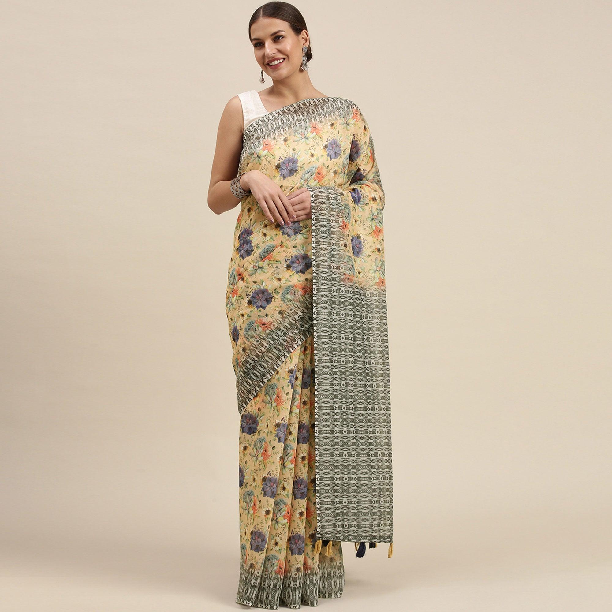 Yellow Casual Wear Floral Printed Cotton Blend Saree With Tassels - Peachmode