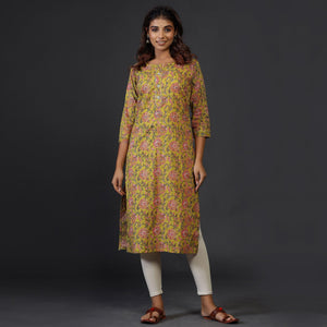 Yellow Casual Wear Floral Printed Cotton Kurti - Peachmode