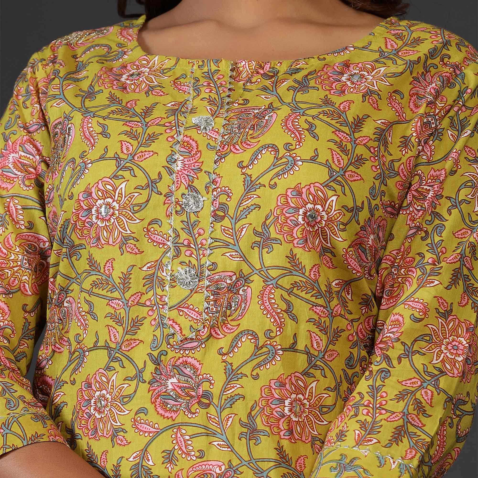 Yellow Casual Wear Floral Printed Cotton Kurti - Peachmode