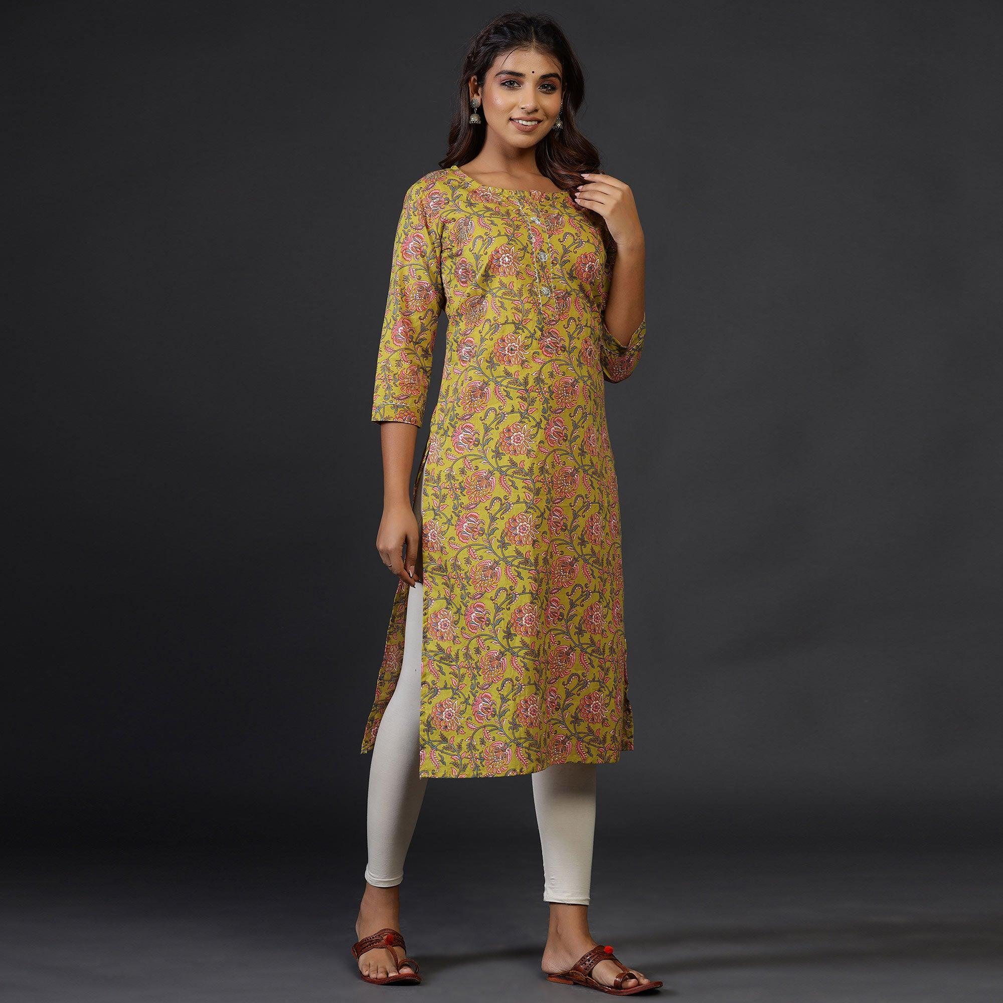 Yellow Casual Wear Floral Printed Cotton Kurti - Peachmode