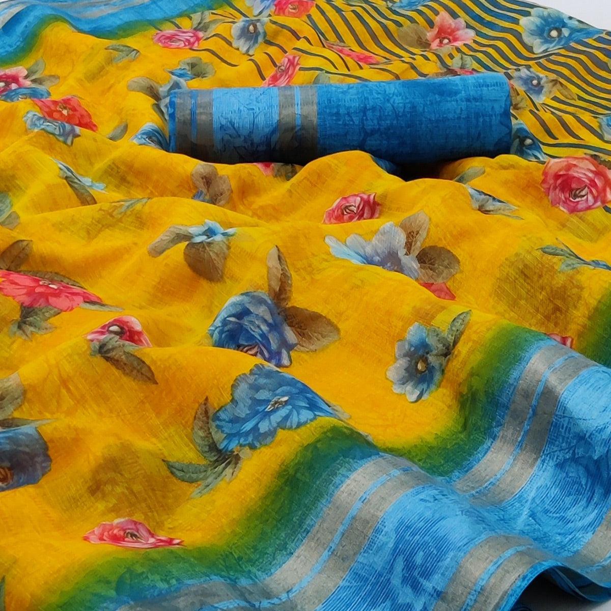 Yellow Casual Wear Floral Printed Cotton Saree With Woven Border - Peachmode