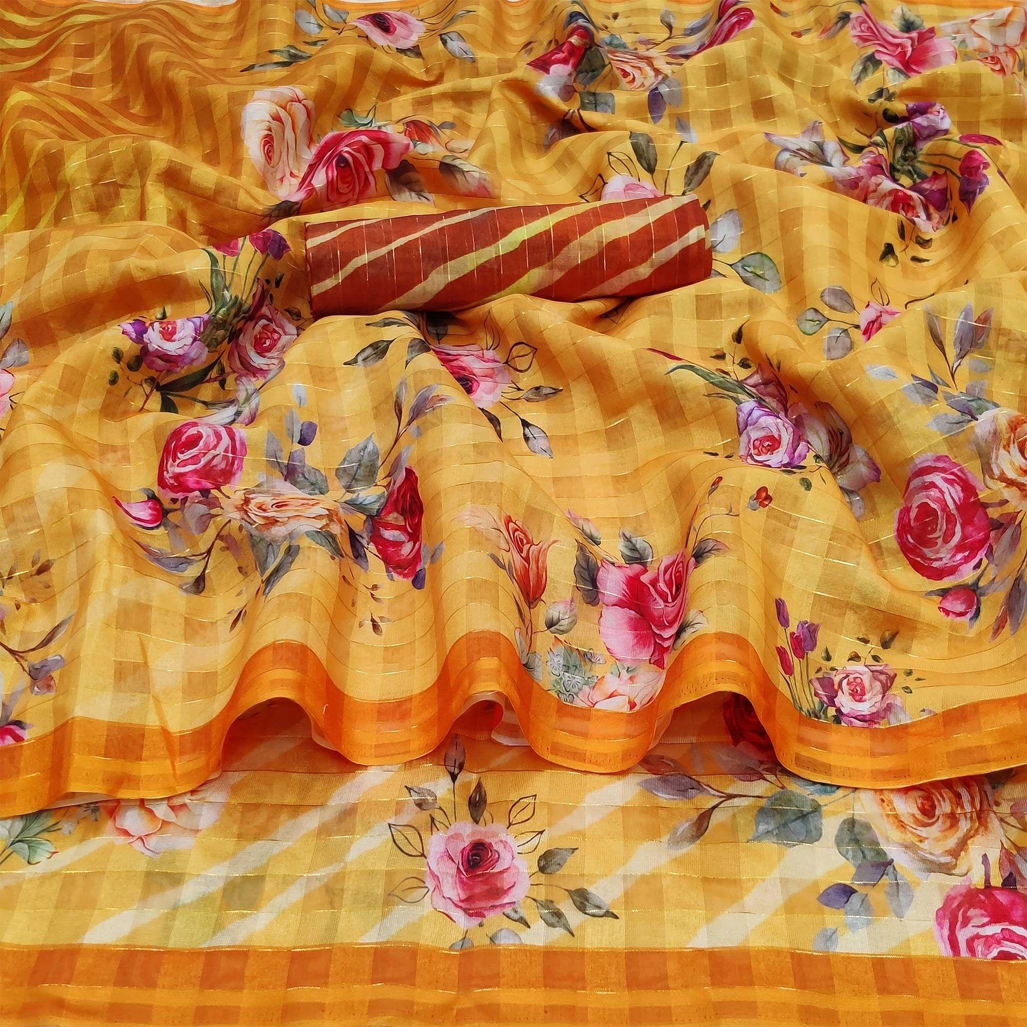 Yellow Casual Wear Floral Printed Cotton Silk Saree - Peachmode