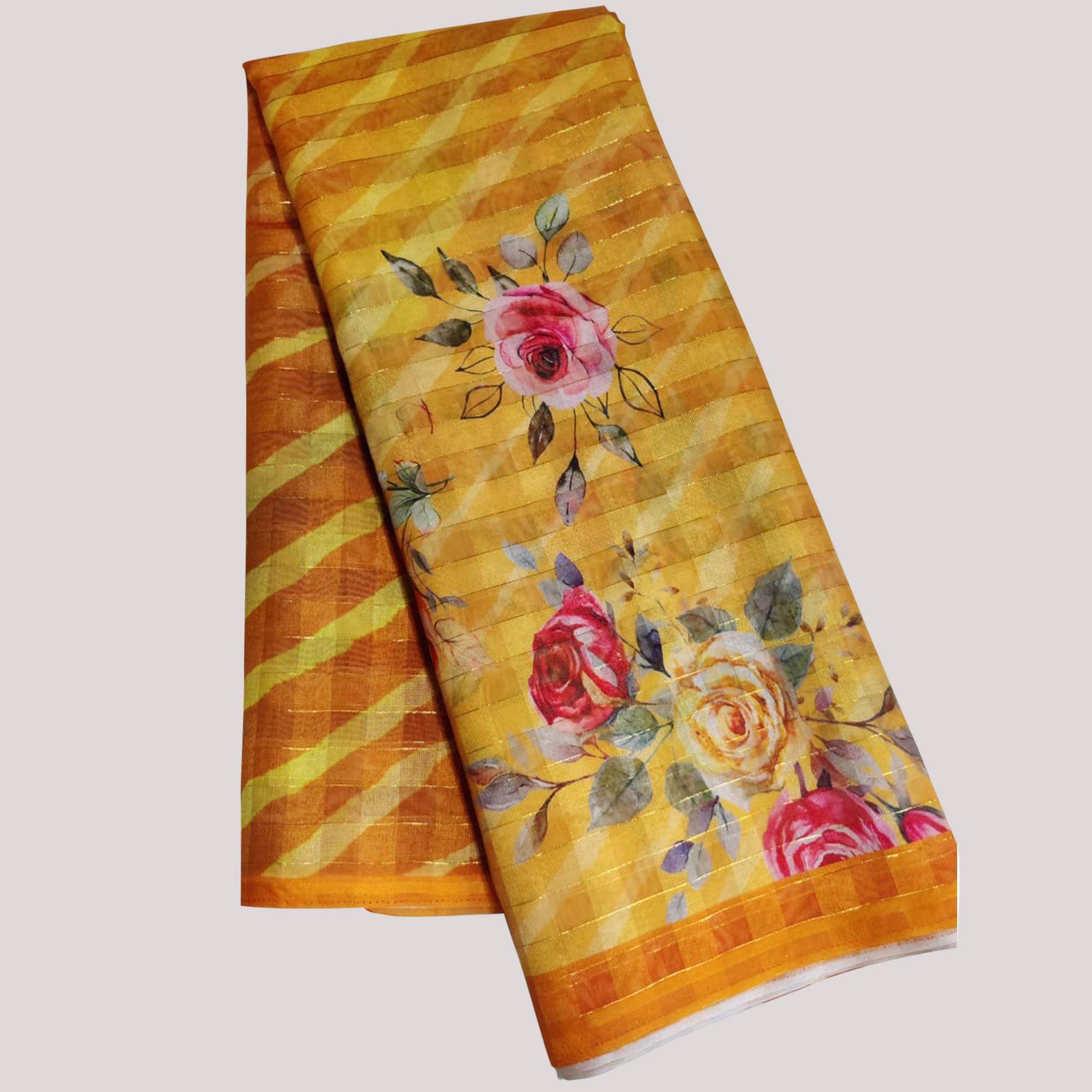 Yellow Casual Wear Floral Printed Cotton Silk Saree - Peachmode