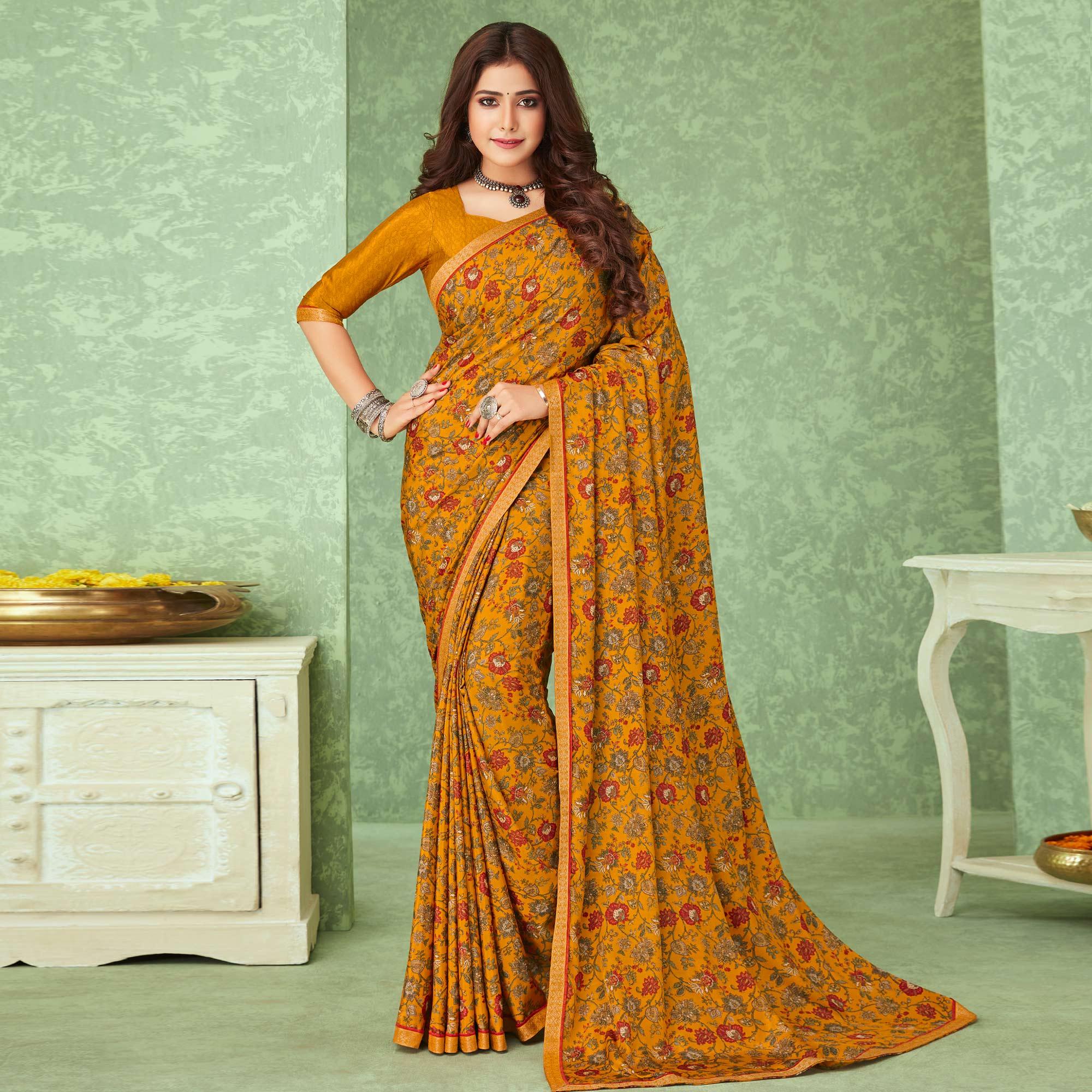 Yellow Casual Wear Floral Printed Crepe Saree With Banarasi Border - Peachmode