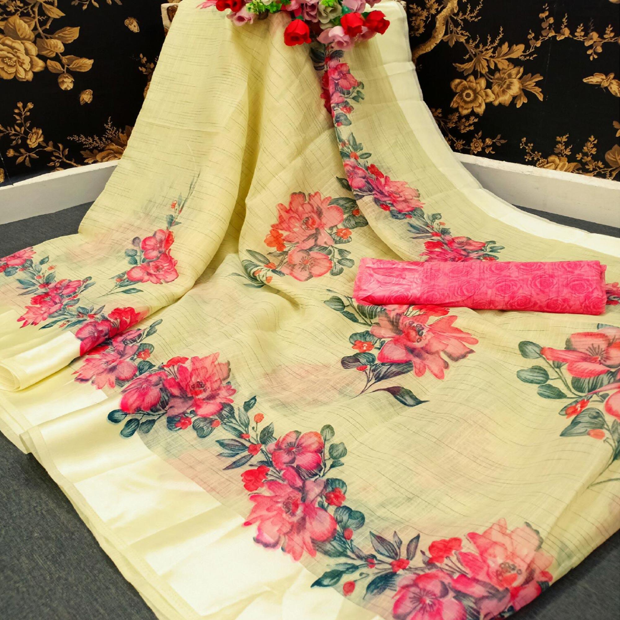 Yellow Casual Wear Floral Printed Fancy Linen Slub Saree - Peachmode