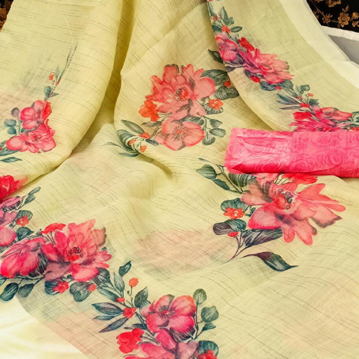 Yellow Casual Wear Floral Printed Fancy Linen Slub Saree - Peachmode