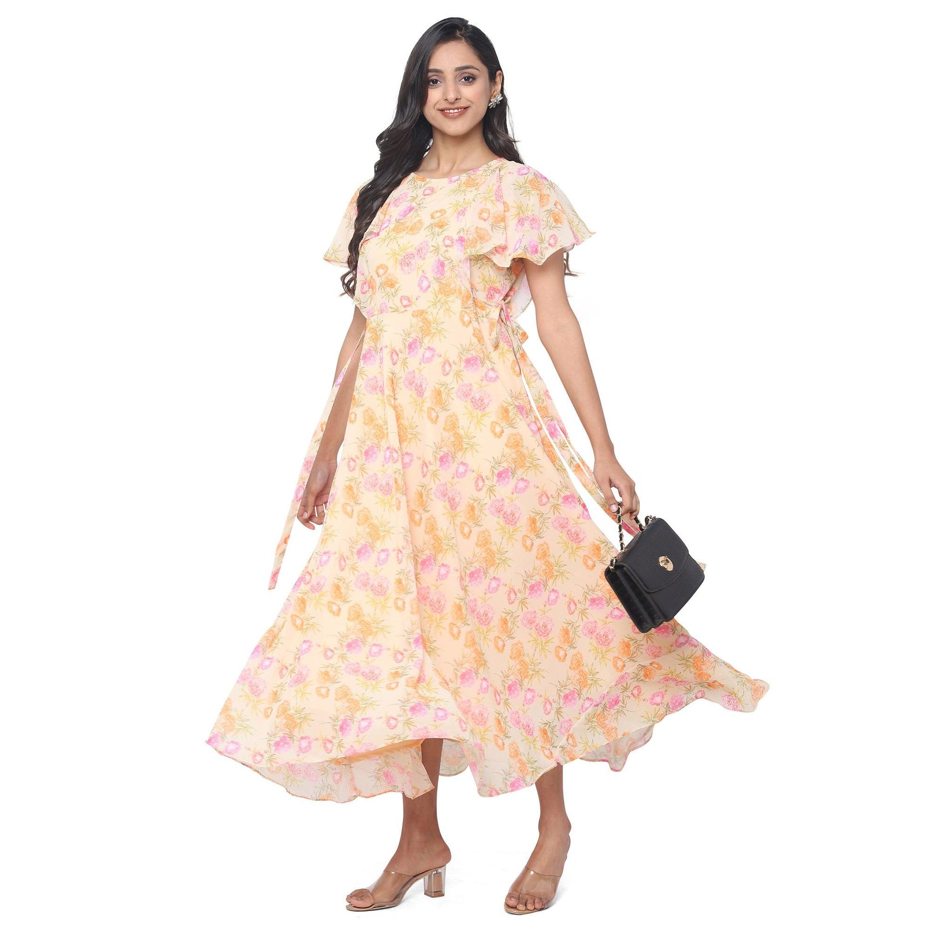 Yellow Casual Wear Floral Printed Georgette Gown