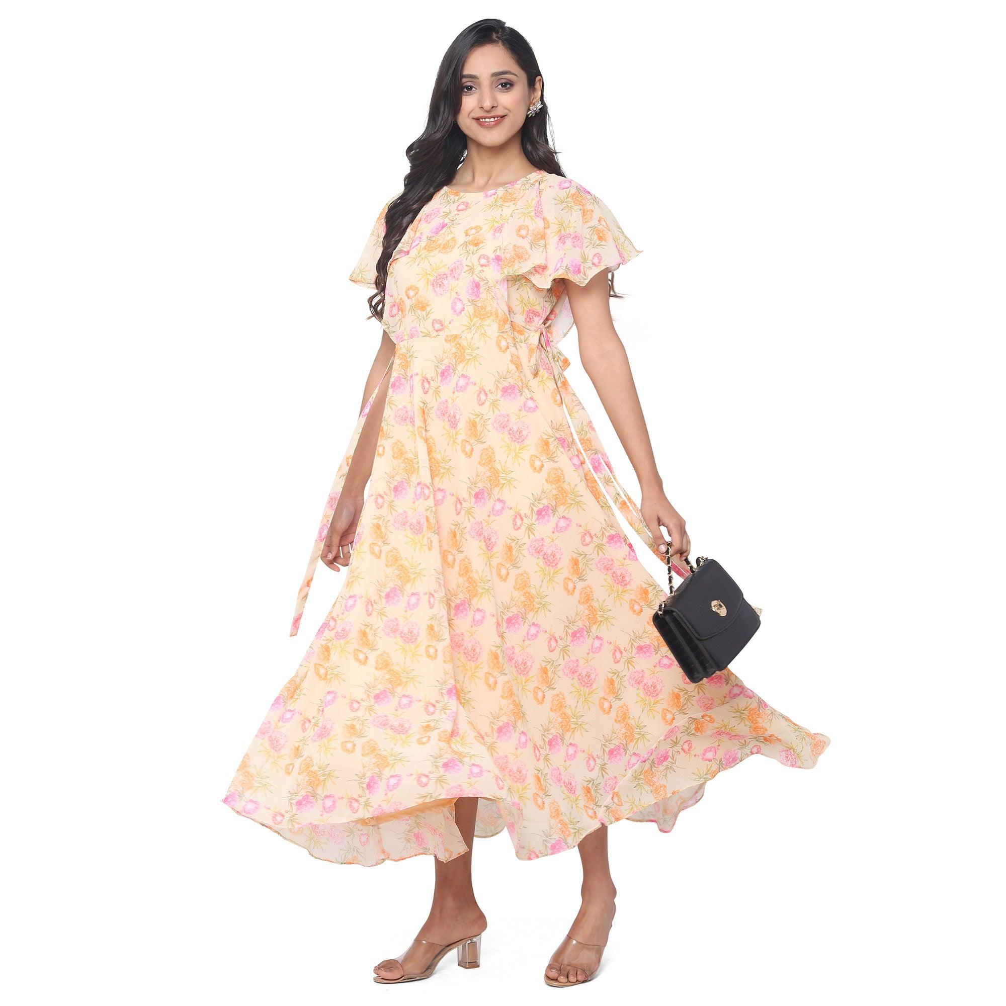 Yellow Casual Wear Floral Printed Georgette Gown - Peachmode