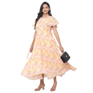 Yellow Casual Wear Floral Printed Georgette Gown - Peachmode