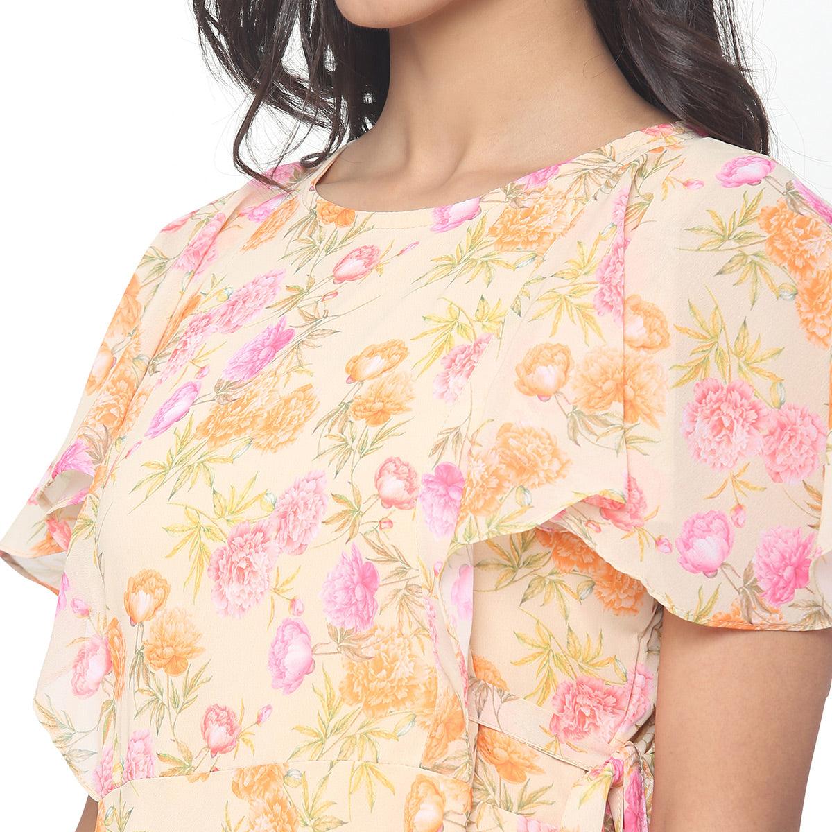 Yellow Casual Wear Floral Printed Georgette Gown - Peachmode