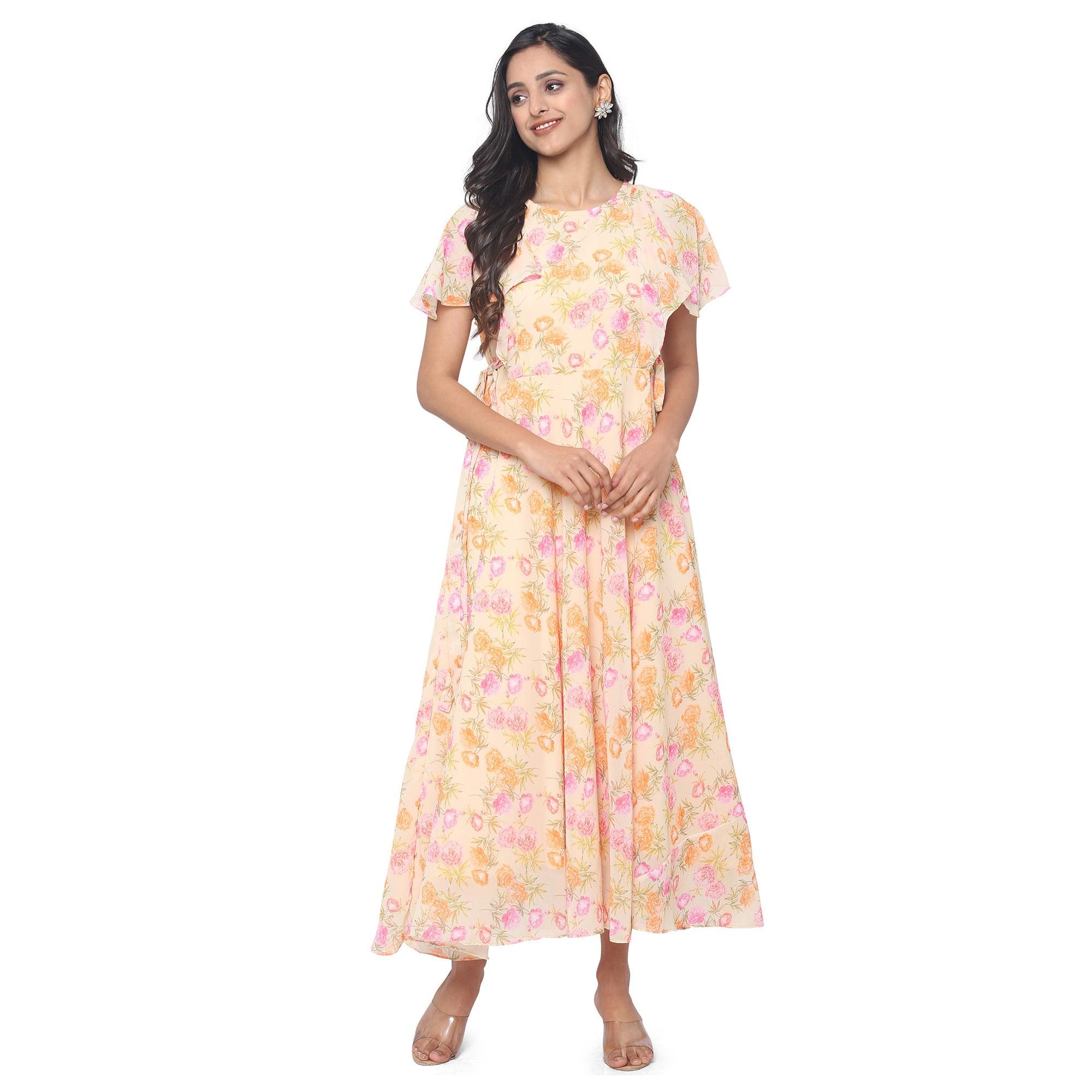 Yellow Casual Wear Floral Printed Georgette Gown - Peachmode