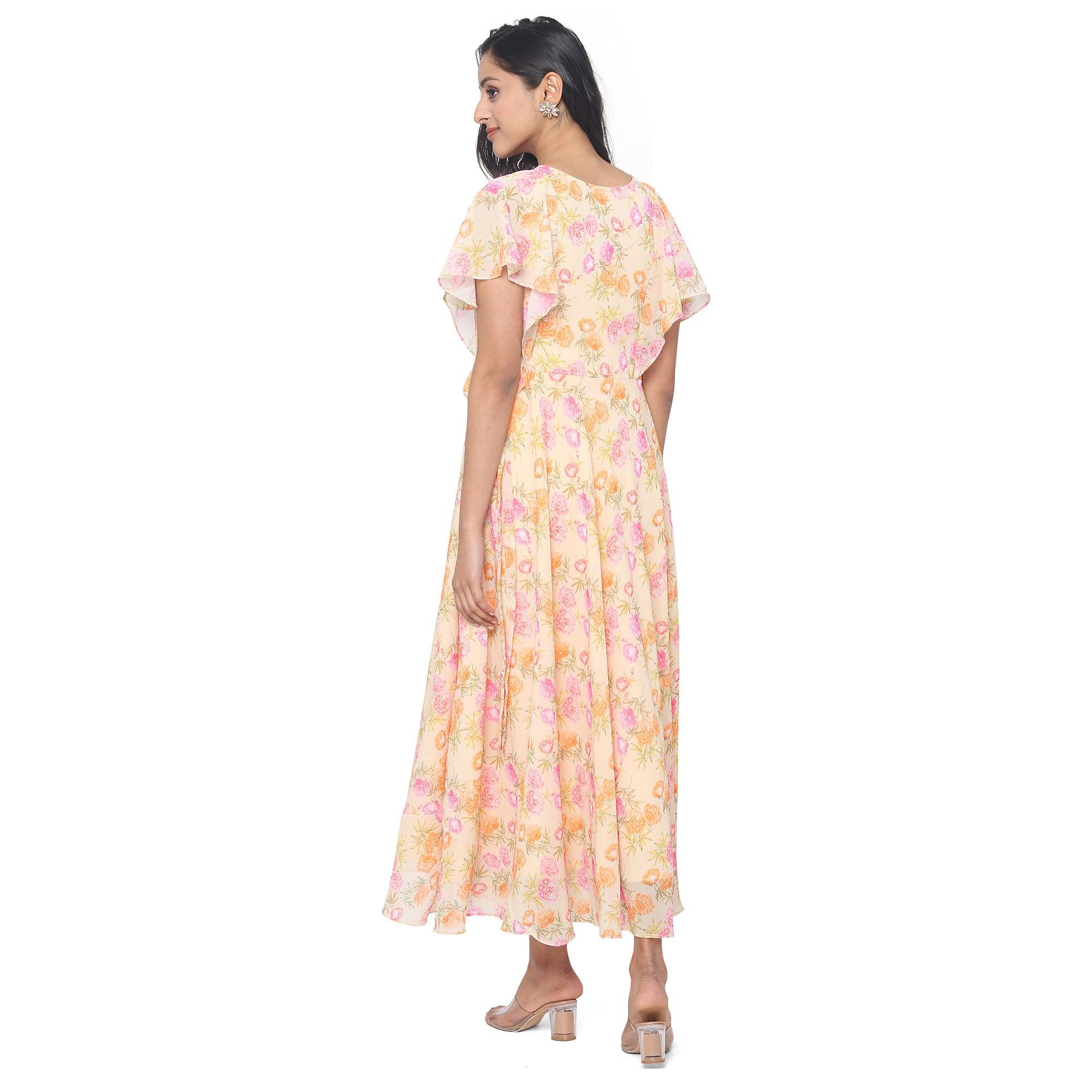 Yellow Casual Wear Floral Printed Georgette Gown - Peachmode