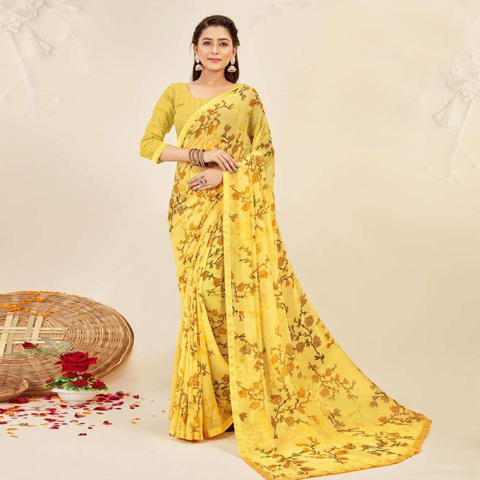 Yellow Casual Wear Floral Printed Georgette Saree - Peachmode