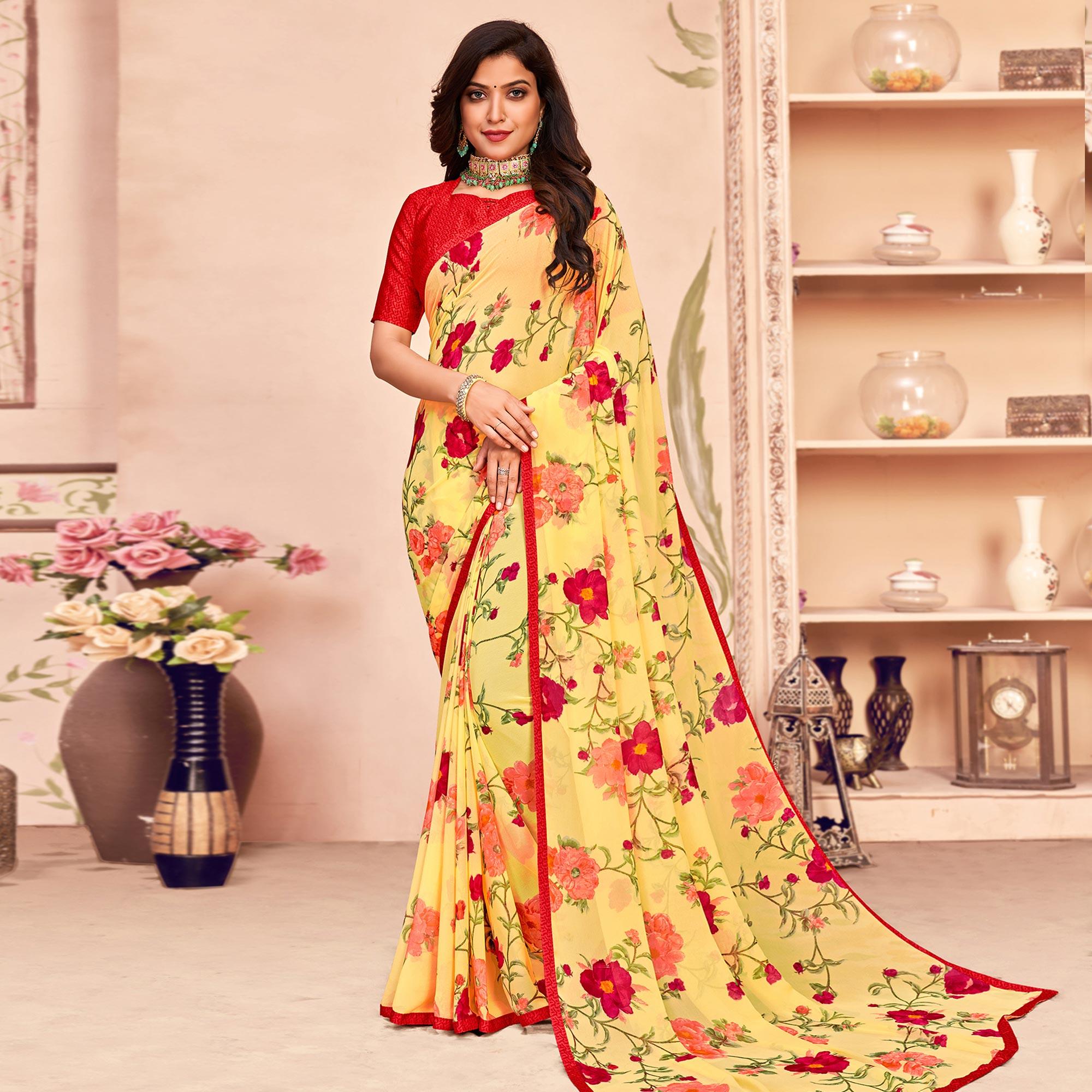 Yellow Casual Wear Floral Printed Georgette Saree - Peachmode