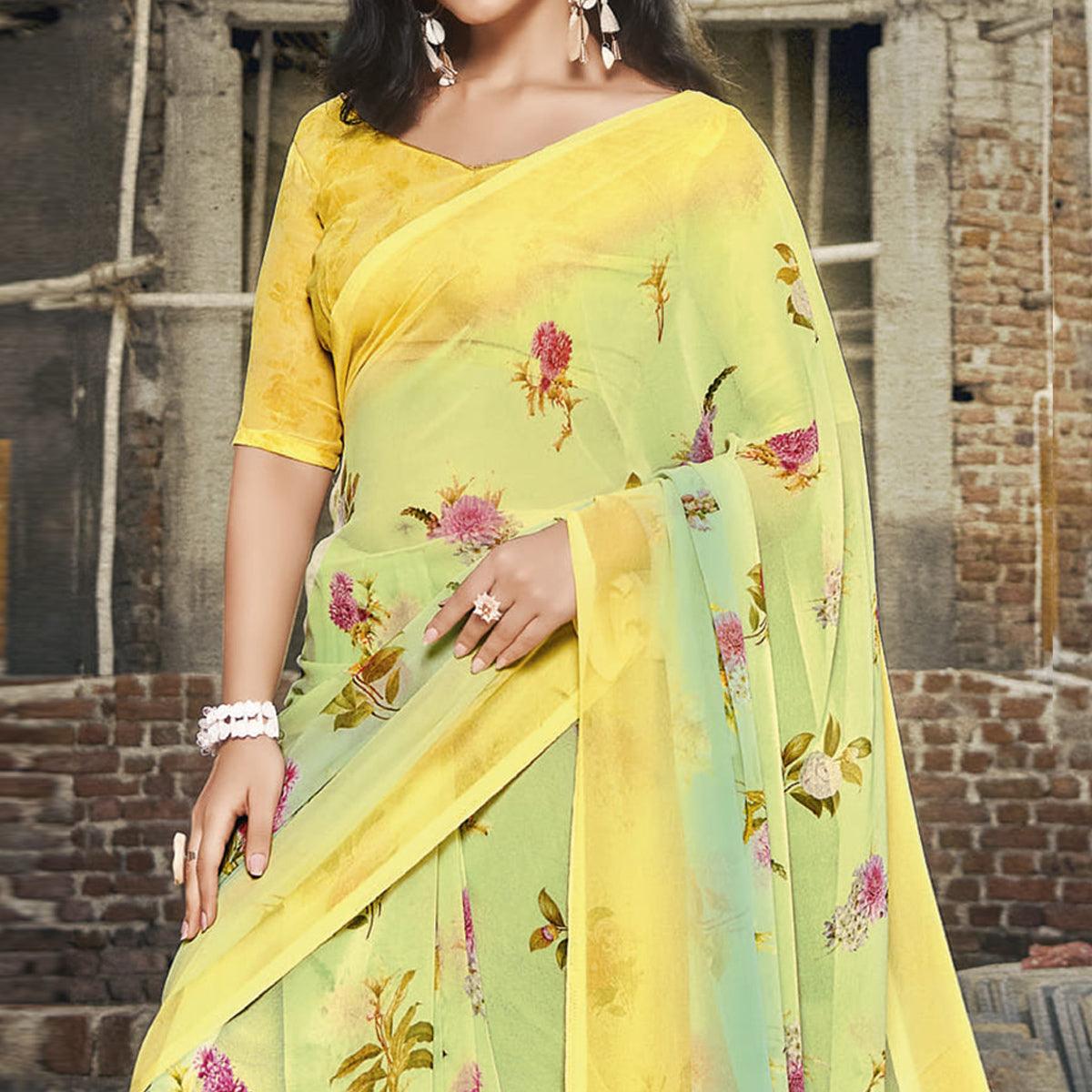Yellow Casual Wear Floral Printed Georgette Saree - Peachmode