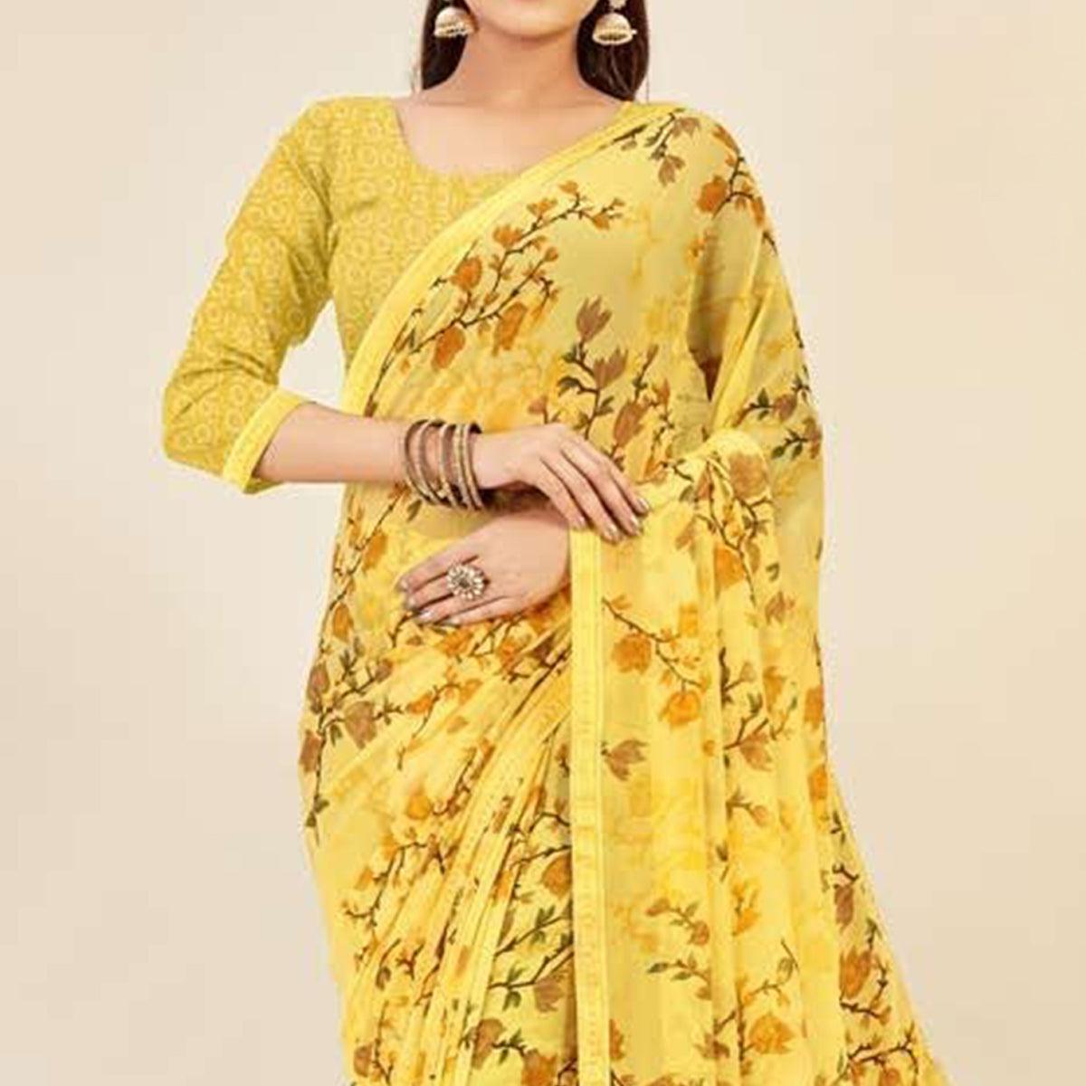 Yellow Casual Wear Floral Printed Georgette Saree - Peachmode