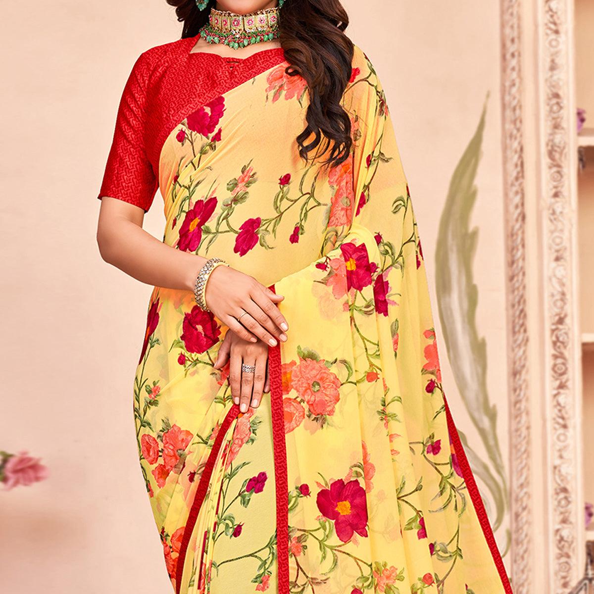 Yellow Casual Wear Floral Printed Georgette Saree - Peachmode