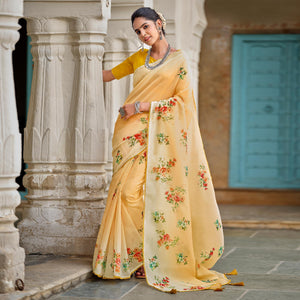 Yellow Casual Wear Floral Printed Heavy Organza Silk Saree - Peachmode