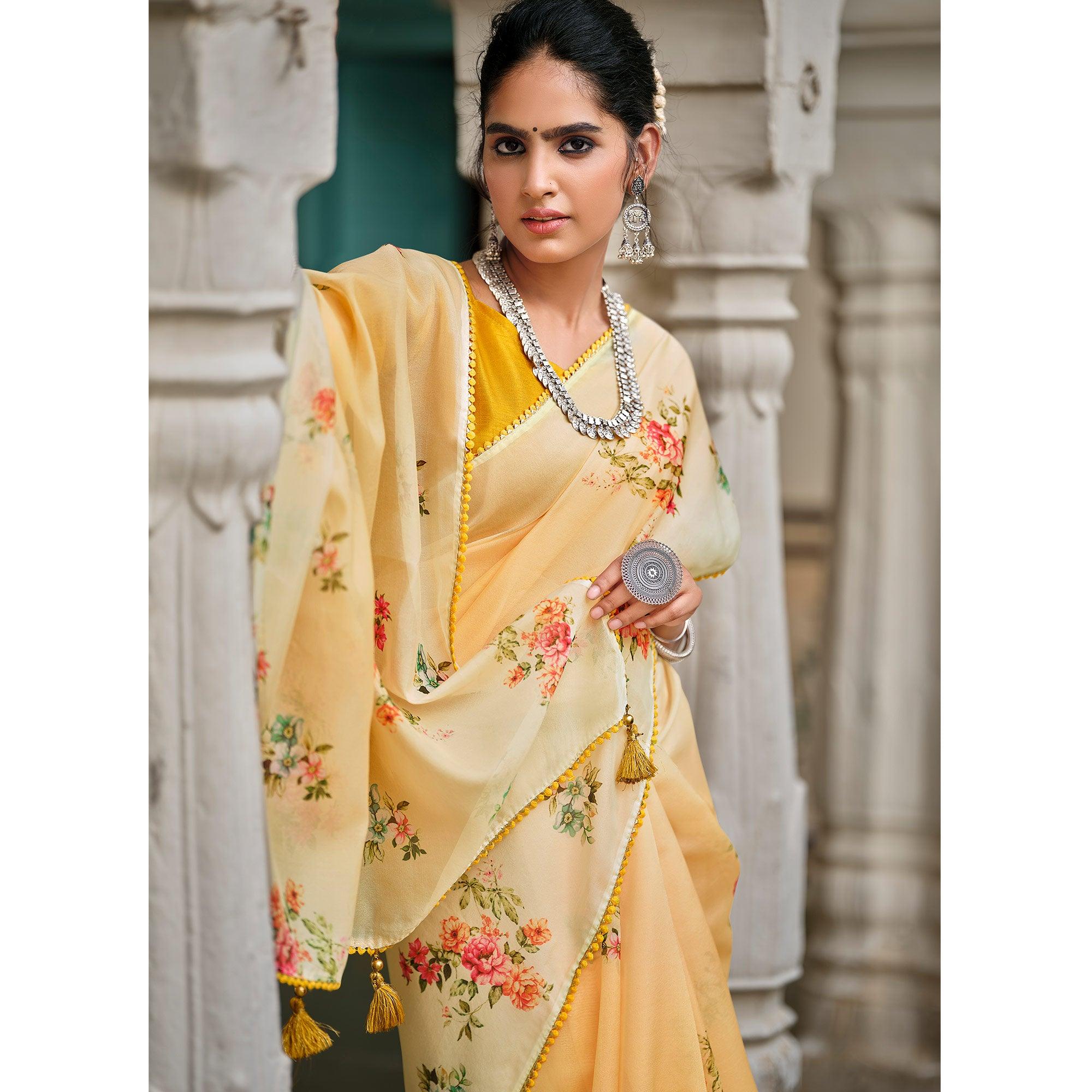 Yellow Casual Wear Floral Printed Heavy Organza Silk Saree - Peachmode