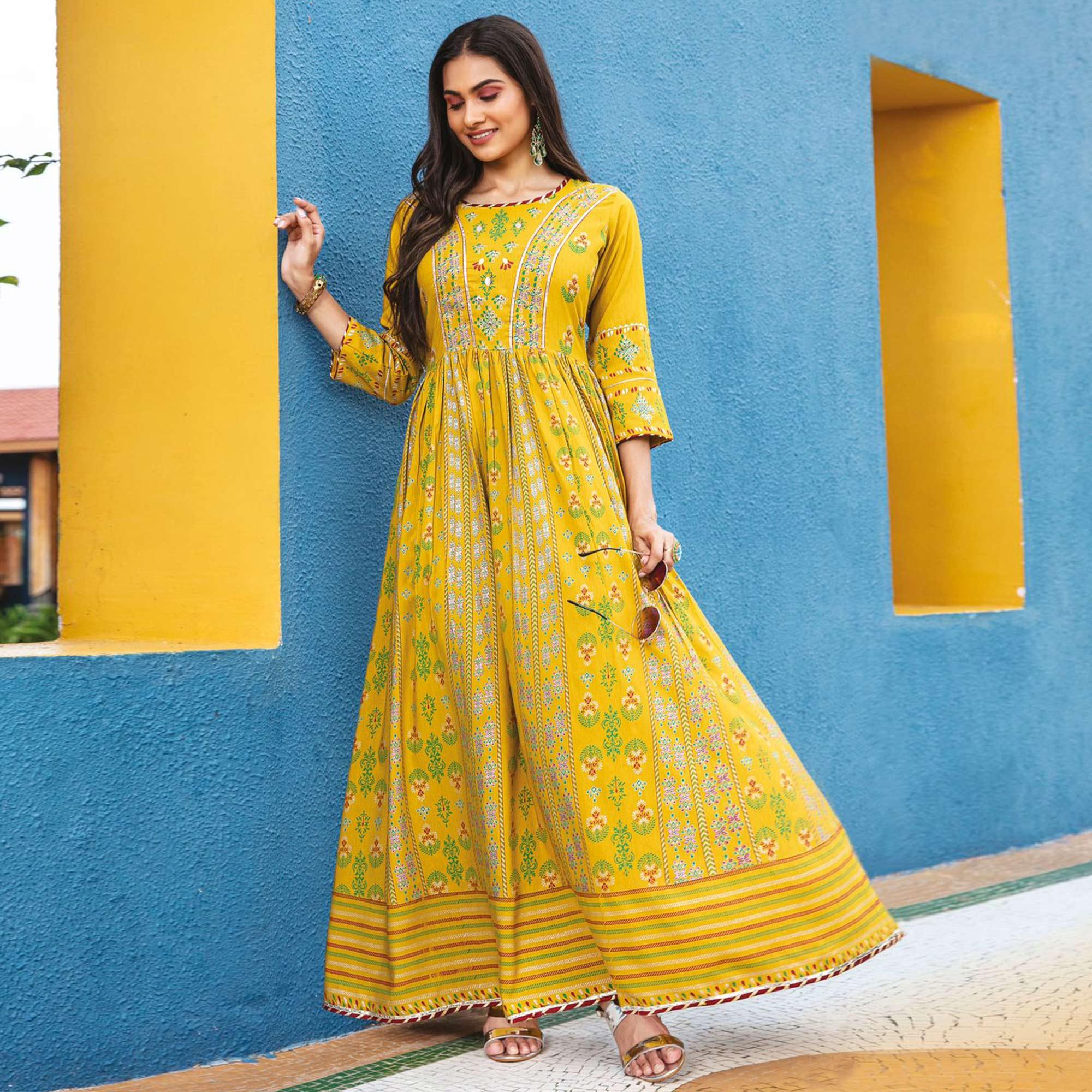 Yellow Casual Wear Floral Printed Heavy Silk Long Kurti - Peachmode