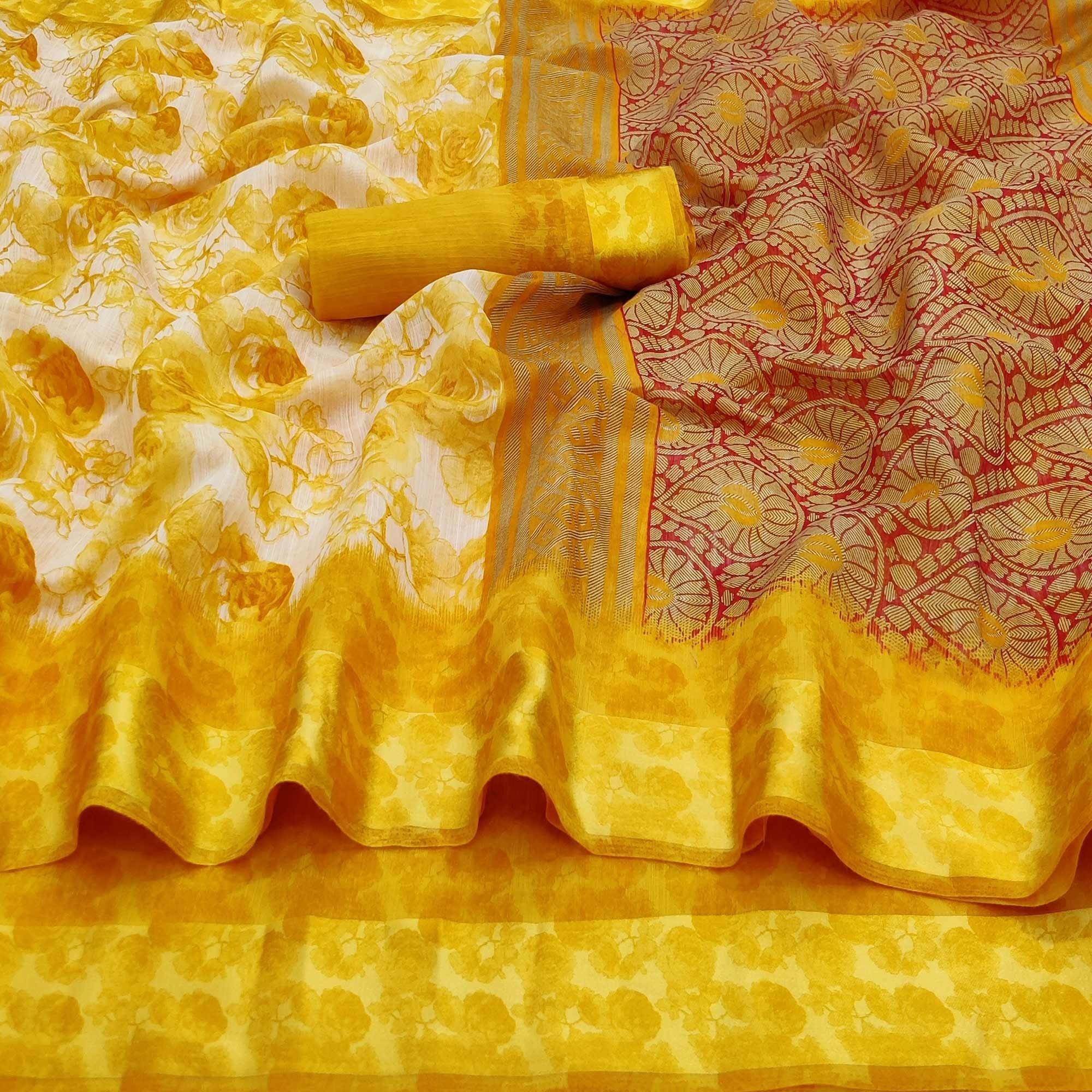 Yellow Casual Wear Floral Printed Linen-Satin Saree - Peachmode
