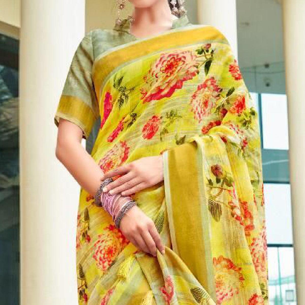 Yellow Casual Wear Floral Printed Pure Linen Saree - Peachmode